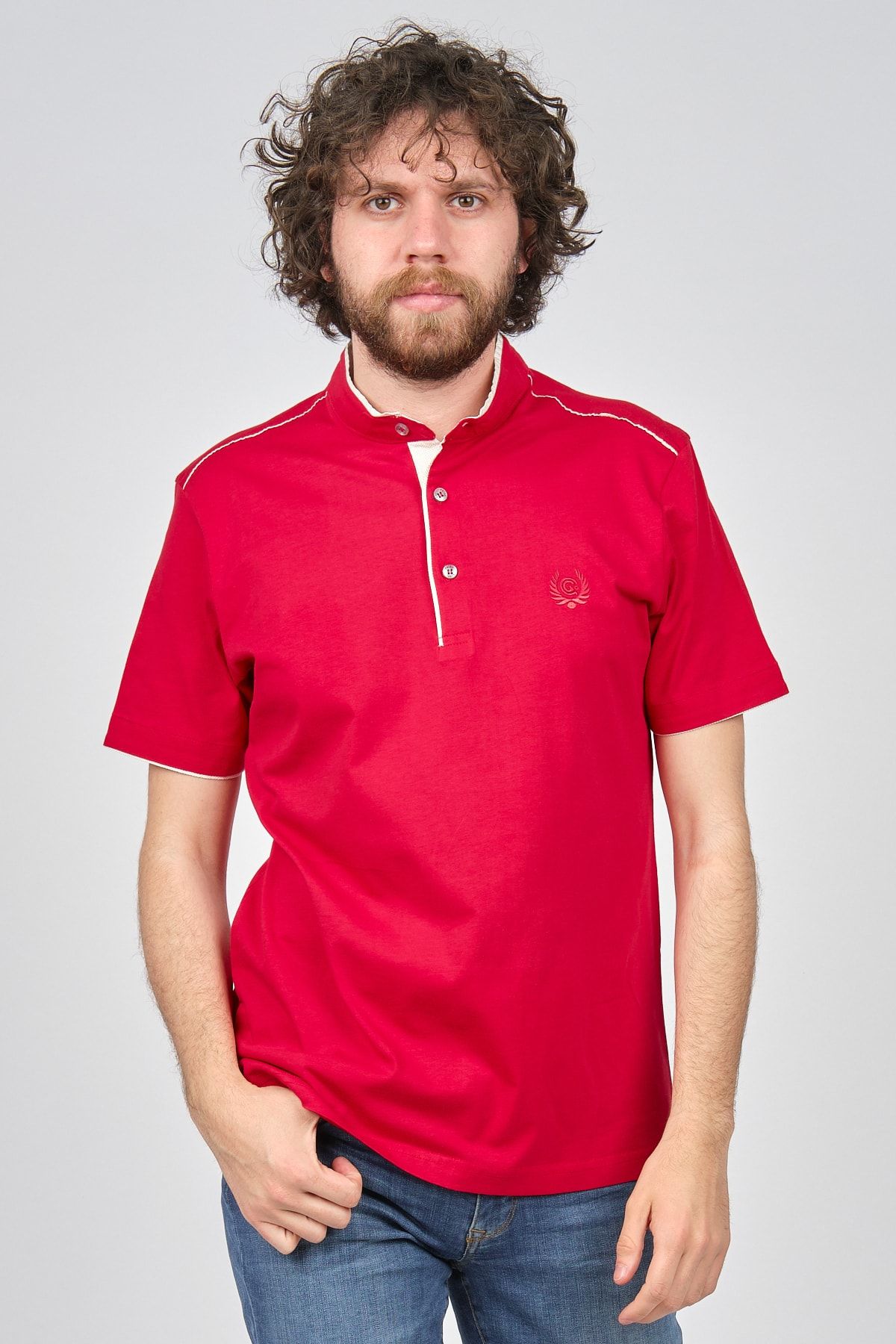 Çizgi Triko Erkek Şerit Detaylı Dik Yaka T-shirt 4253011 Kırmızı