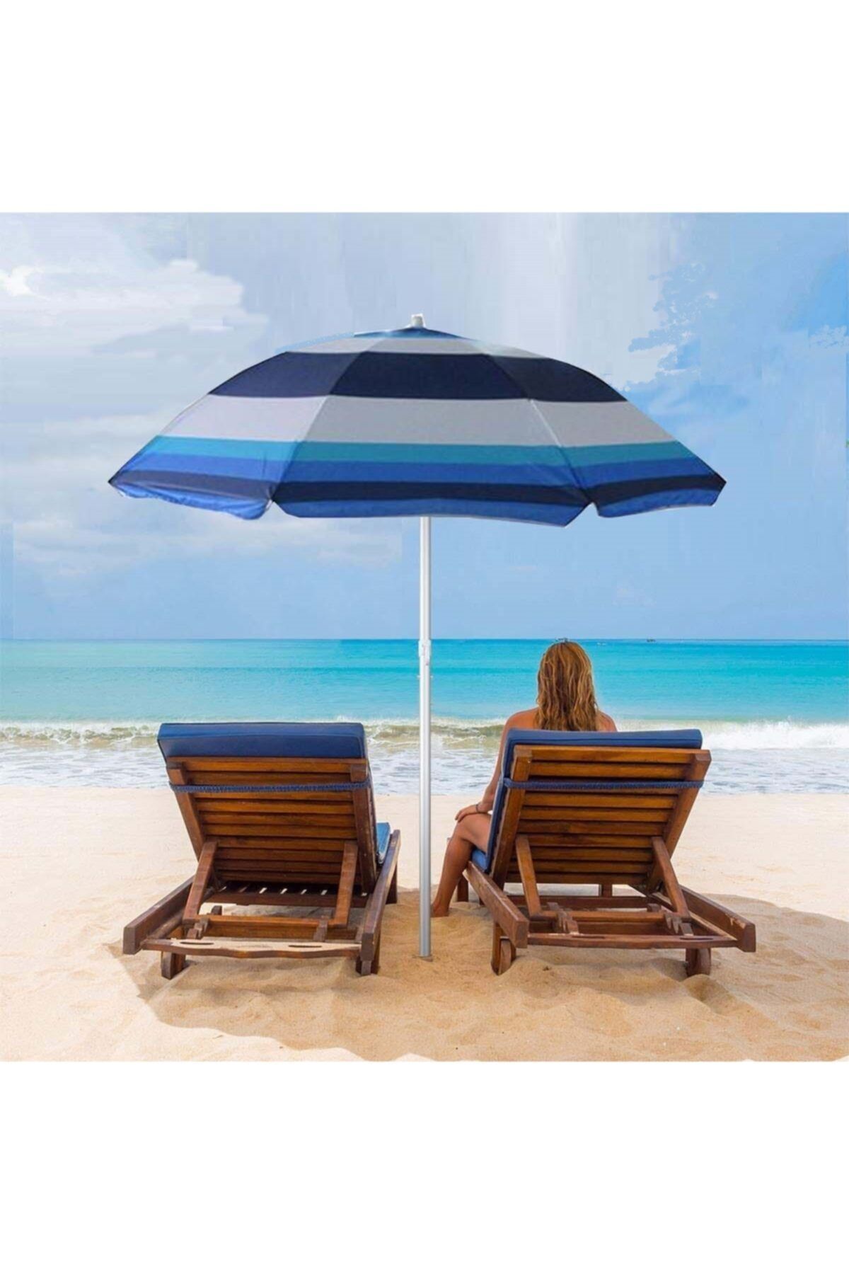 Depolife Plaj Deniz Bahçe Balkon Piknik Kamp Güneş Şemsiyesi Katlanır Mavi Beyaz 180cm