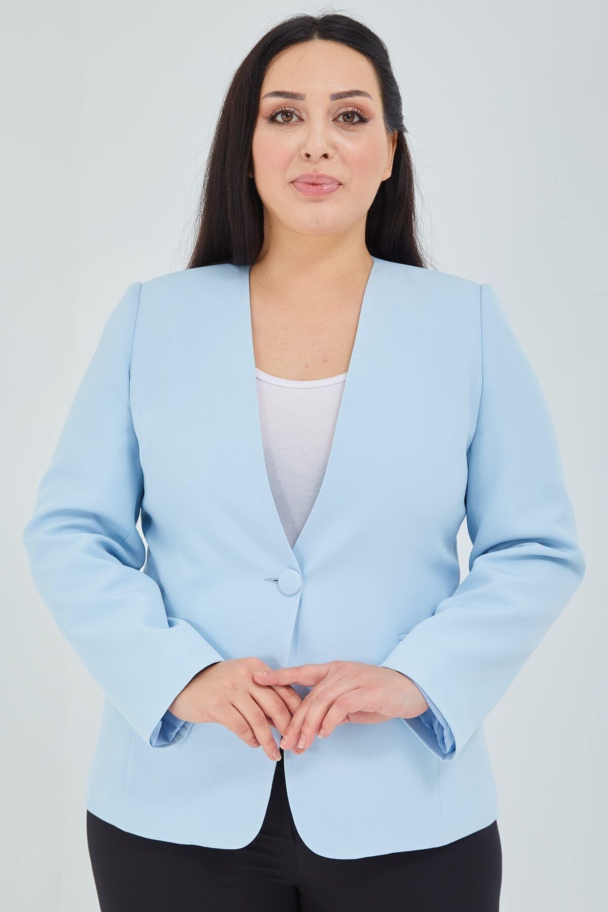 Fagi Kadın Büyük Beden V Yaka Tek Düğmeli Açık Mavi Ceket