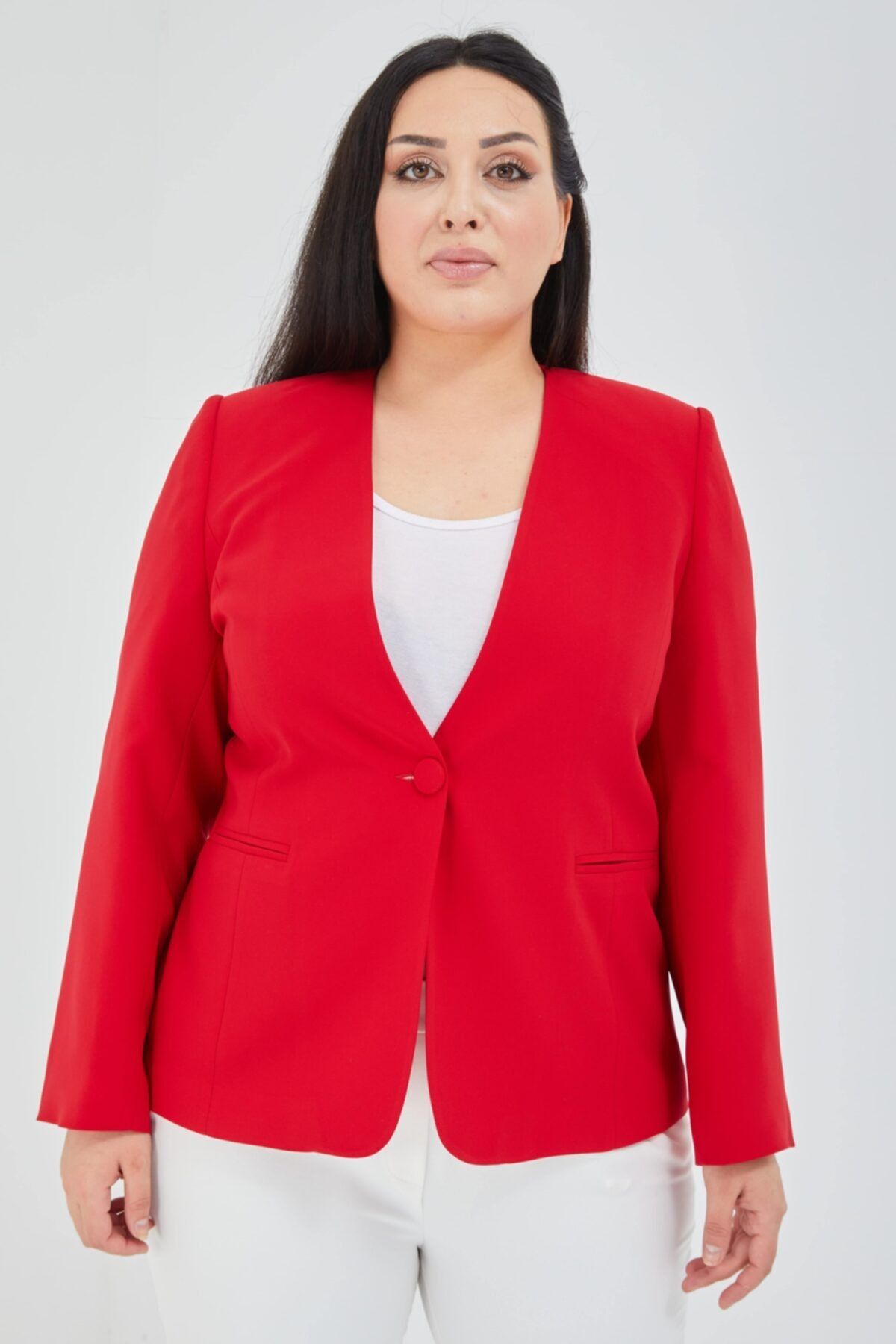 Fagi Kadın Büyük Beden V Yaka Tek Düğmeli Kırmızı Ceket