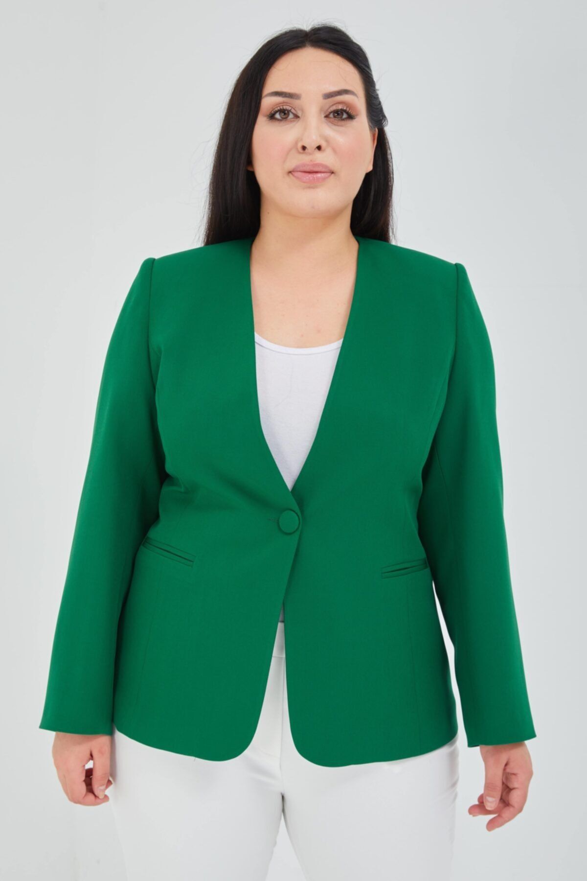 Fagi Kadın Büyük Beden V Yaka Tek Düğmeli Yeşil Ceket