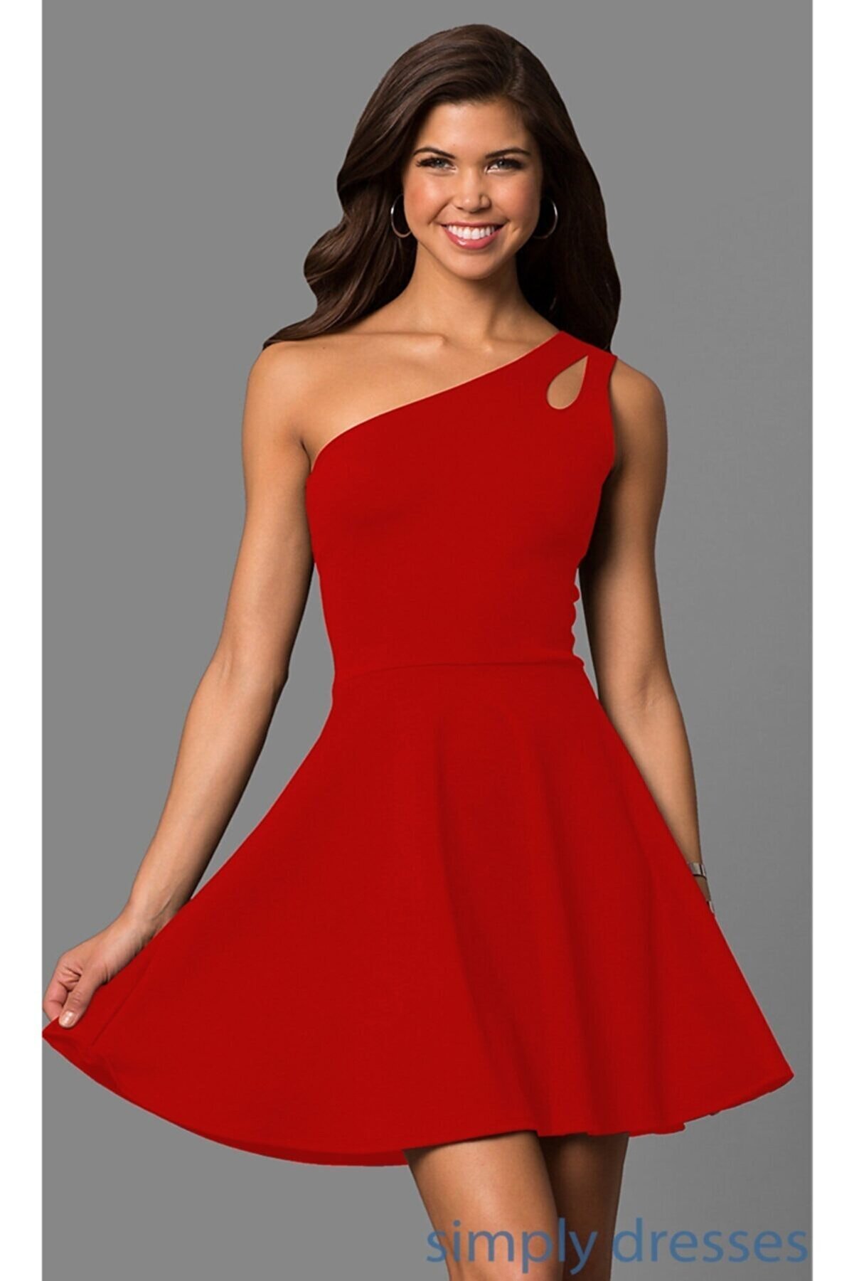 lovebox Kadın Kırmızı Tek Omuz Detaylı Kiloş Mini Abiye Elbise