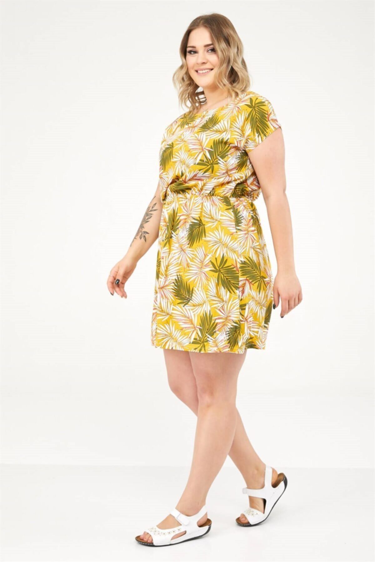 Seamoda Kadın Sarı Yaprak Desen Kayık Yaka Elbise