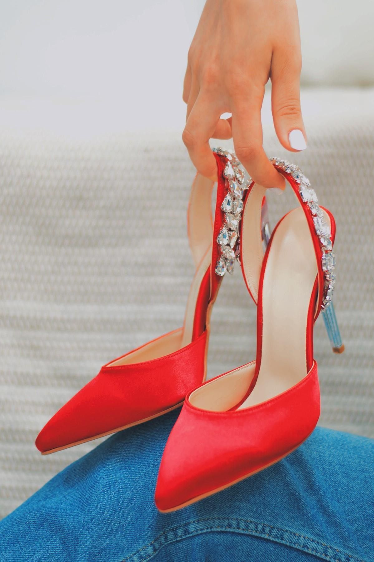 SHOEBELLAS Gent Kırmızı Saten Kadın Topuklu Ayakkabı
