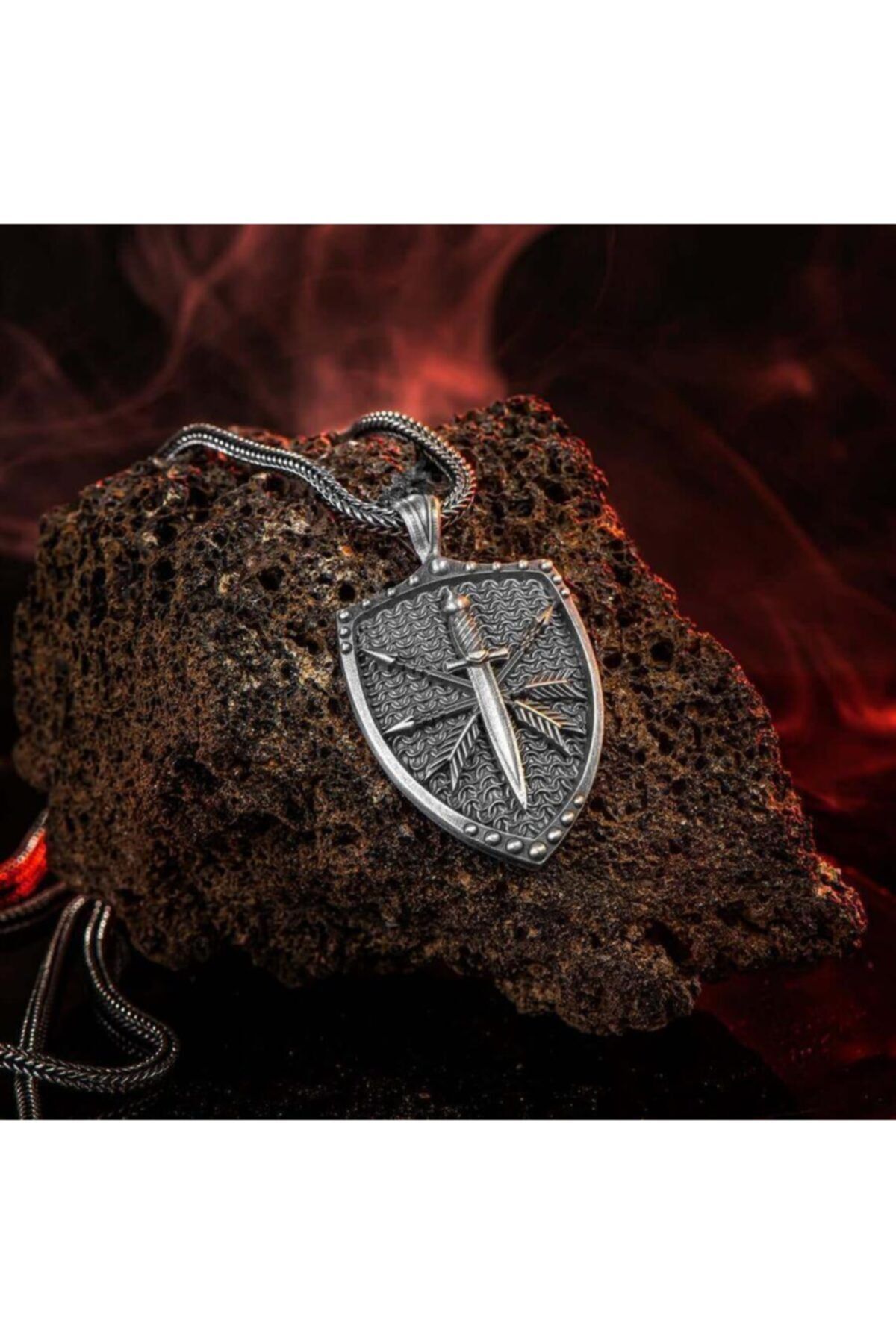 Anı Yüzük Viking Kılıç ve Kalkan Motifli 925 Ayar Gümüş Kolye