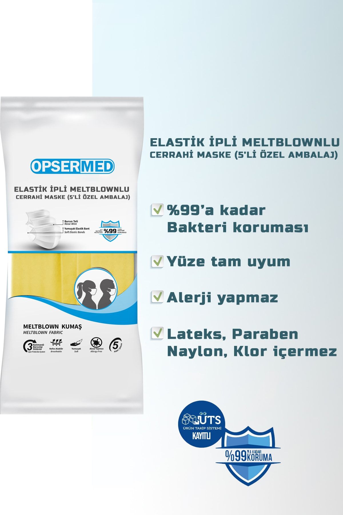 OPSERMED 3 Katlı Meltblownlu Burun Telli Cerrahi Maske 50'li (elastik Ipli) Sarı