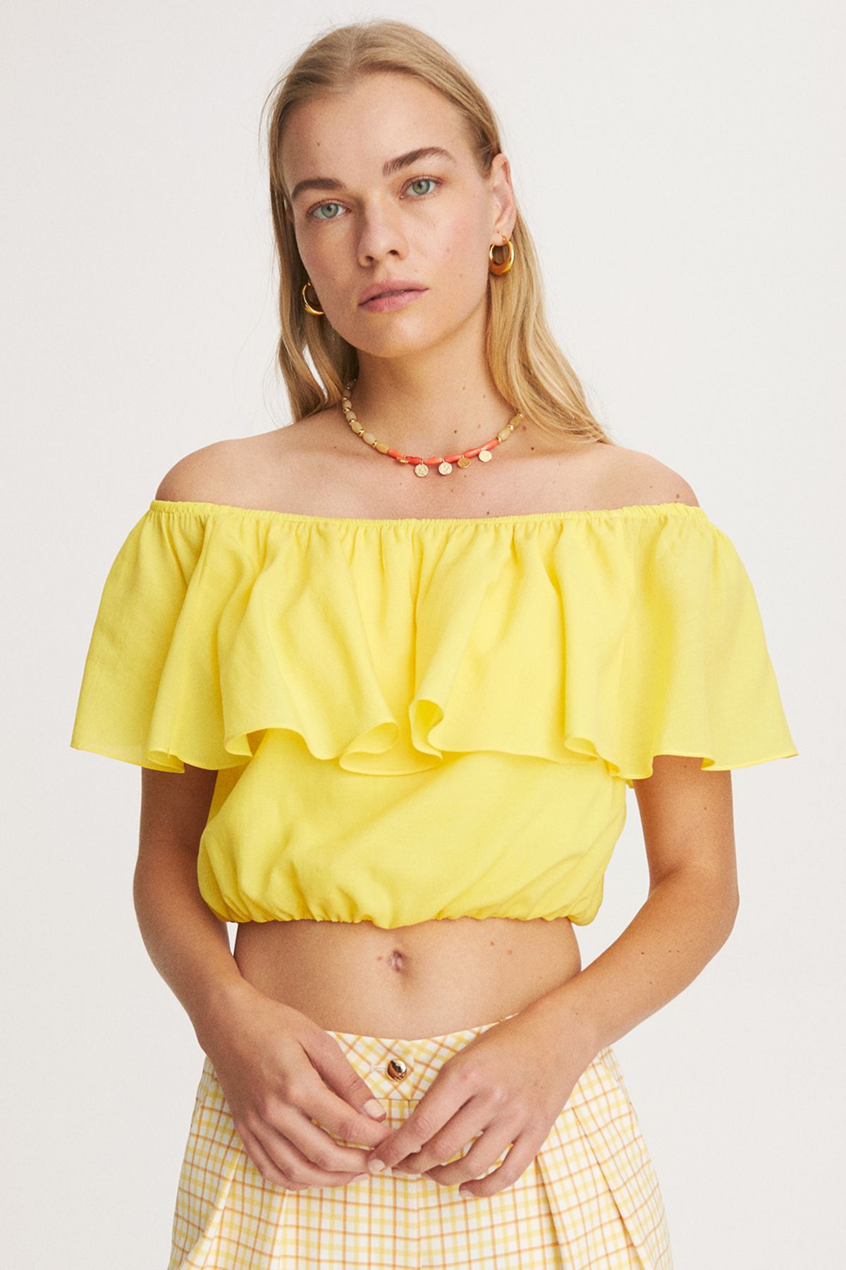 Perspective Leroy Regular Fit Kayık Yaka Sarı Renk Kadın Crop Bluz
