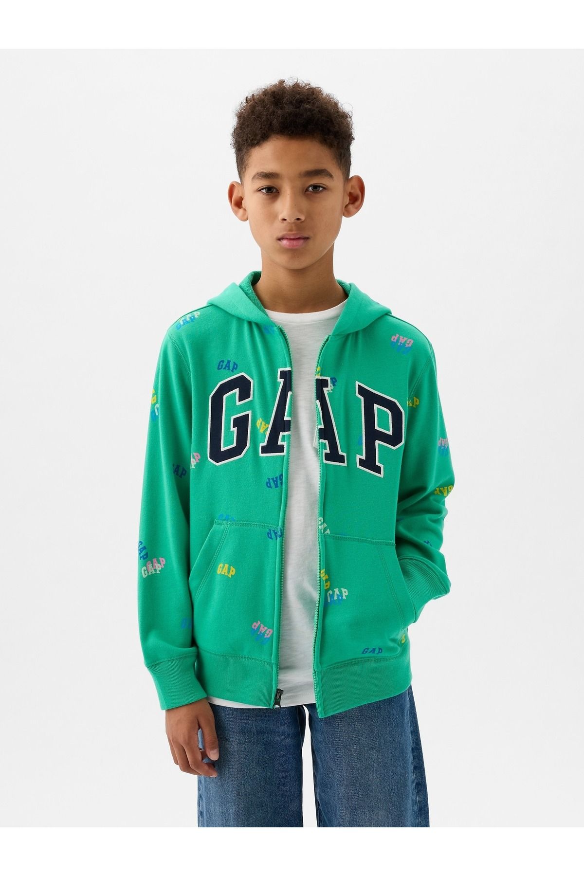 GAP Erkek Çocuk Yeşil Gap Logo Fermuarlı Fransız Havlu Kumaş Sweatshirt
