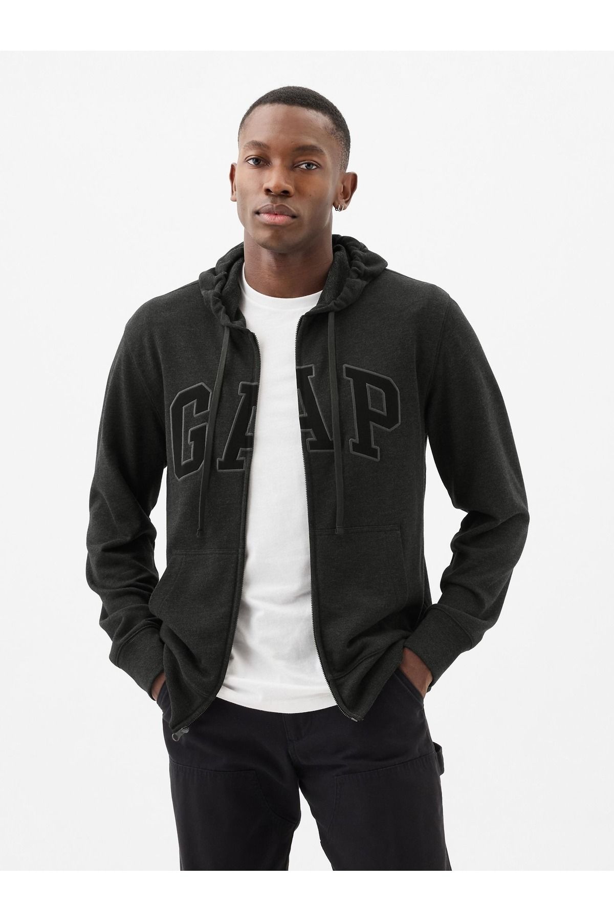 GAP Erkek Koyu Gri Gap Logo Fermuarlı Fransız Havlu Kumaş Sweatshirt