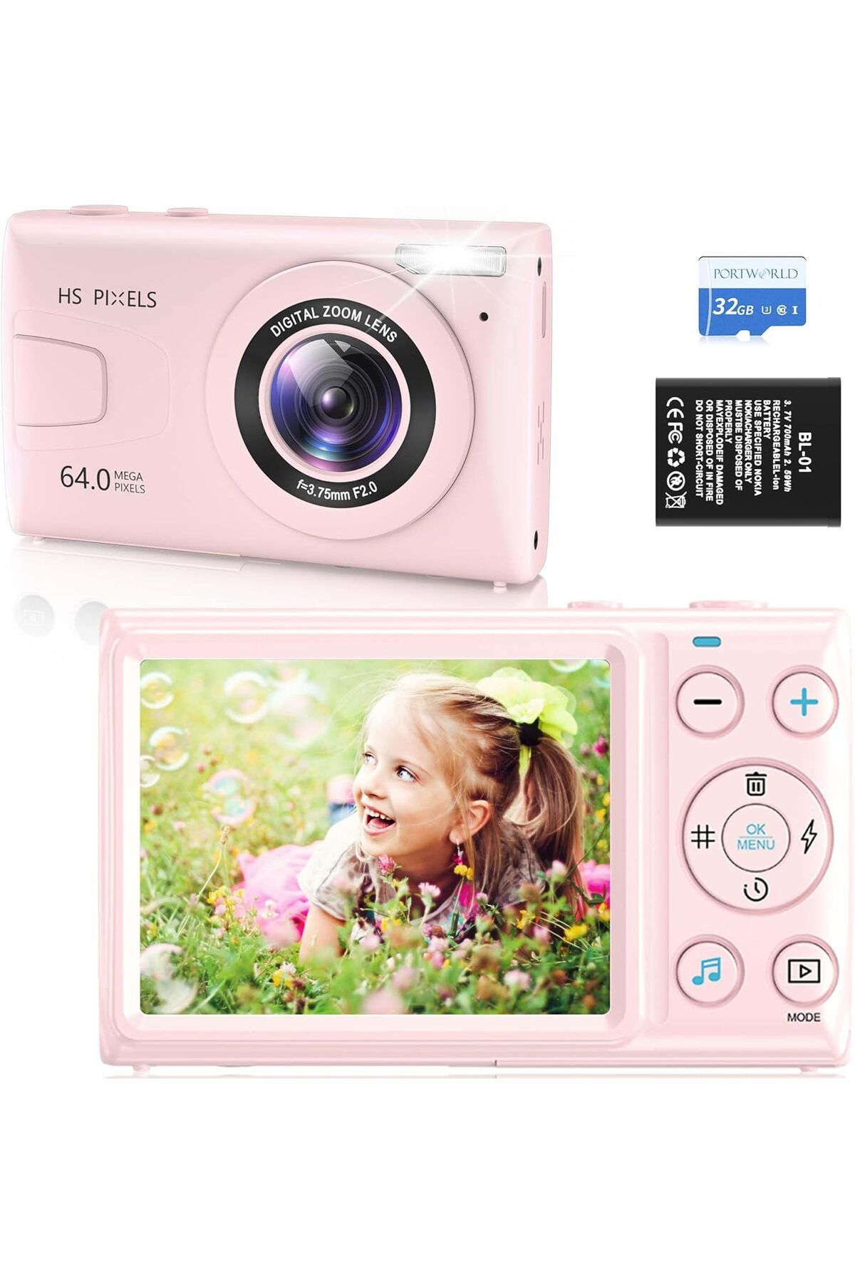 PORTWORLD Çocuklar İçin 4K Kompakt Dijital Kamera Otomatik Odaklama Özellikli 32GB, 64MP Kamera ve 18X Zoom,