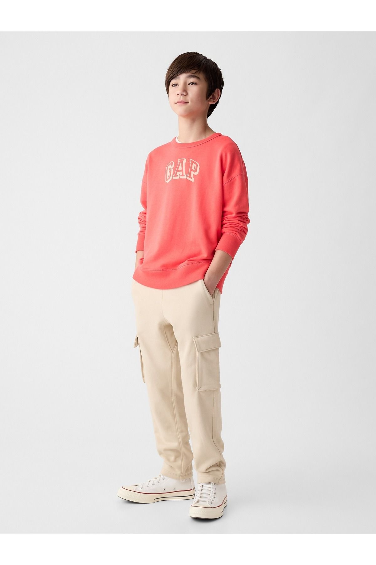 GAP Erkek Çocuk Kırmızı Gap Logo Fransız Havlu Kumaş Sweatshirt