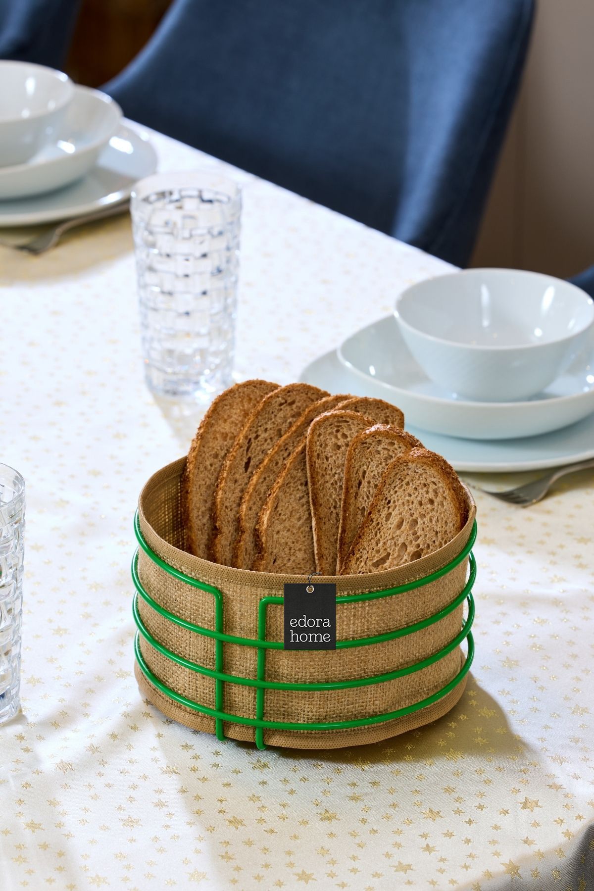 Edora Home Yeşil Yuvarlak Ekmek Sepeti Jüt Kumaş Bezi, Renkli Sunum Sepet Ekmeklik - Çok Amaçlı Metal Paslanmaz