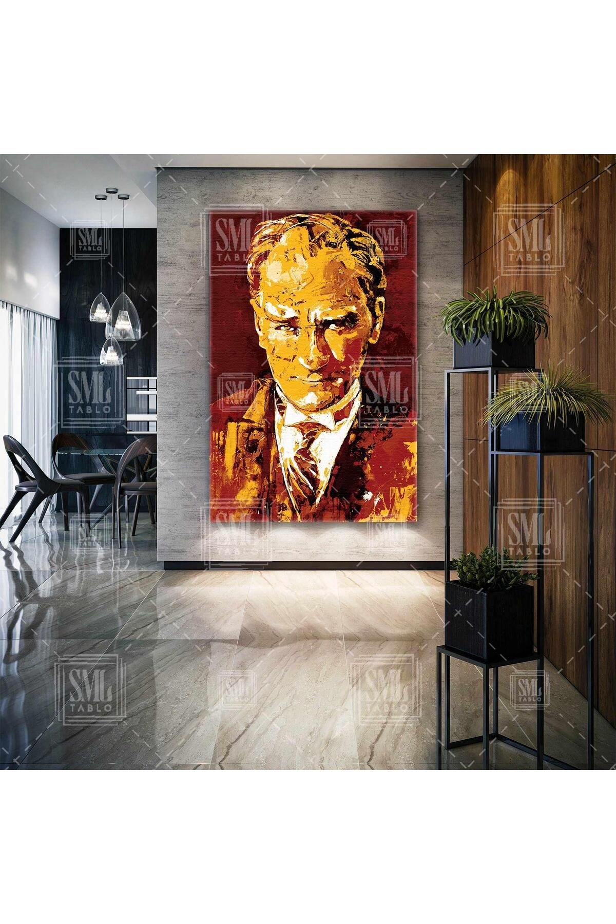 SML TABLO Mustafa Kemal Atatürk Sarı Kırmızı Galatasaray Dikey Kanvas Tablo