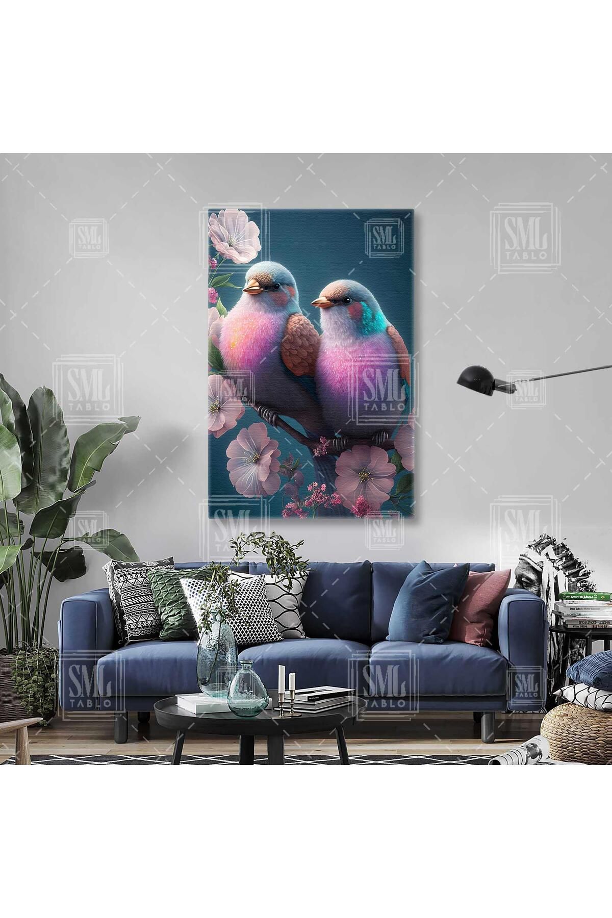 SML TABLO Pembe Çiçekli Dalın Üzerinde Duran Sevimli Kuş Çifti Romantik Dikey Kanvas Tablo