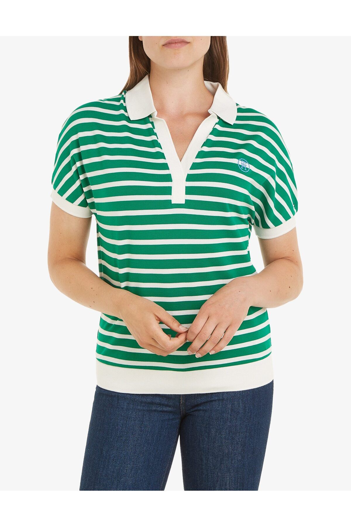 Tommy Hilfiger Kadın Dokuma Polo Yaka Kısa Kol Günlük Yeşil Polo Yaka T-Shirt WW0WW41889-0CH