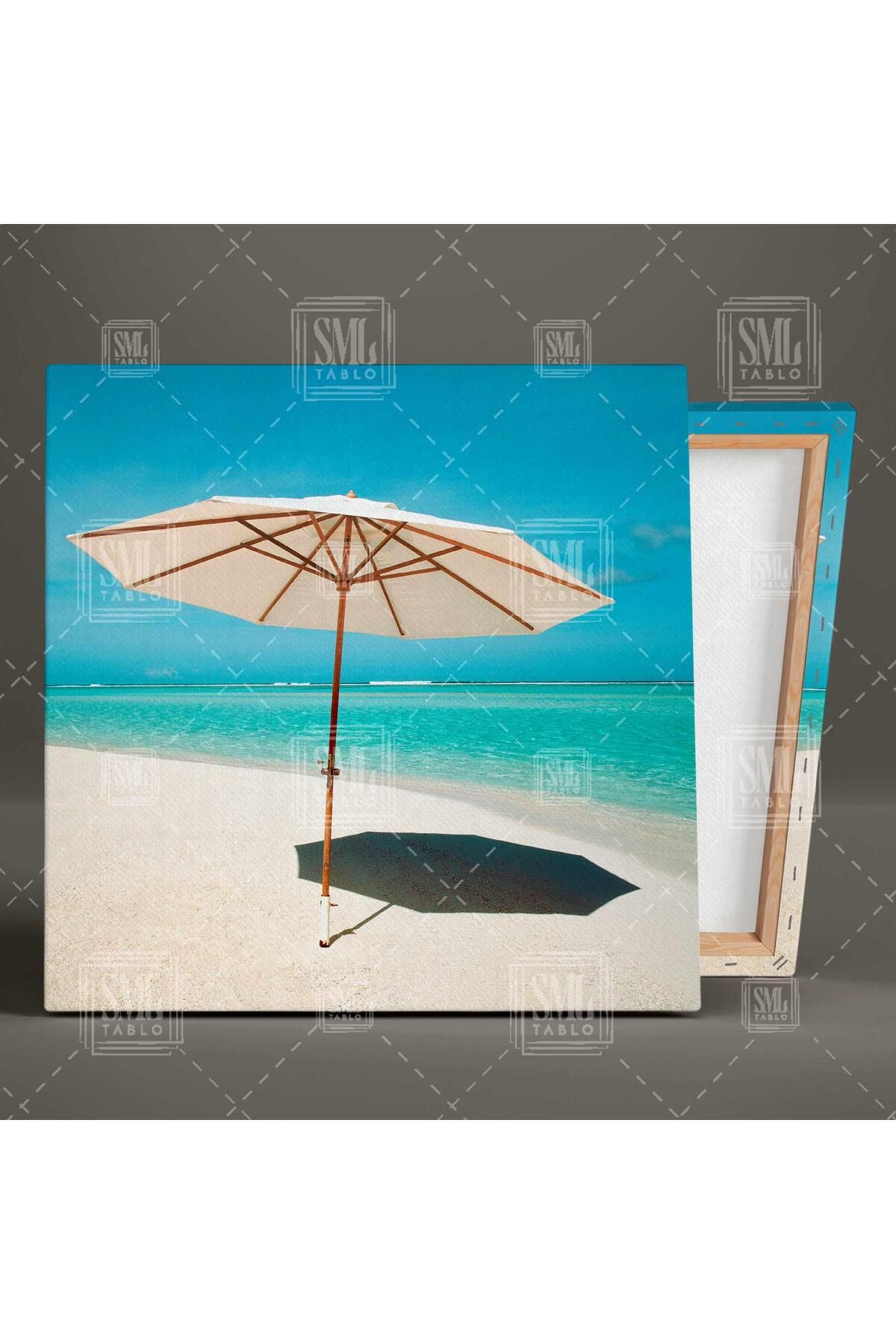SML TABLO Sahilde Şemsiye Deniz Kum Güneş Şezlonk Kare Kanvas Tablo