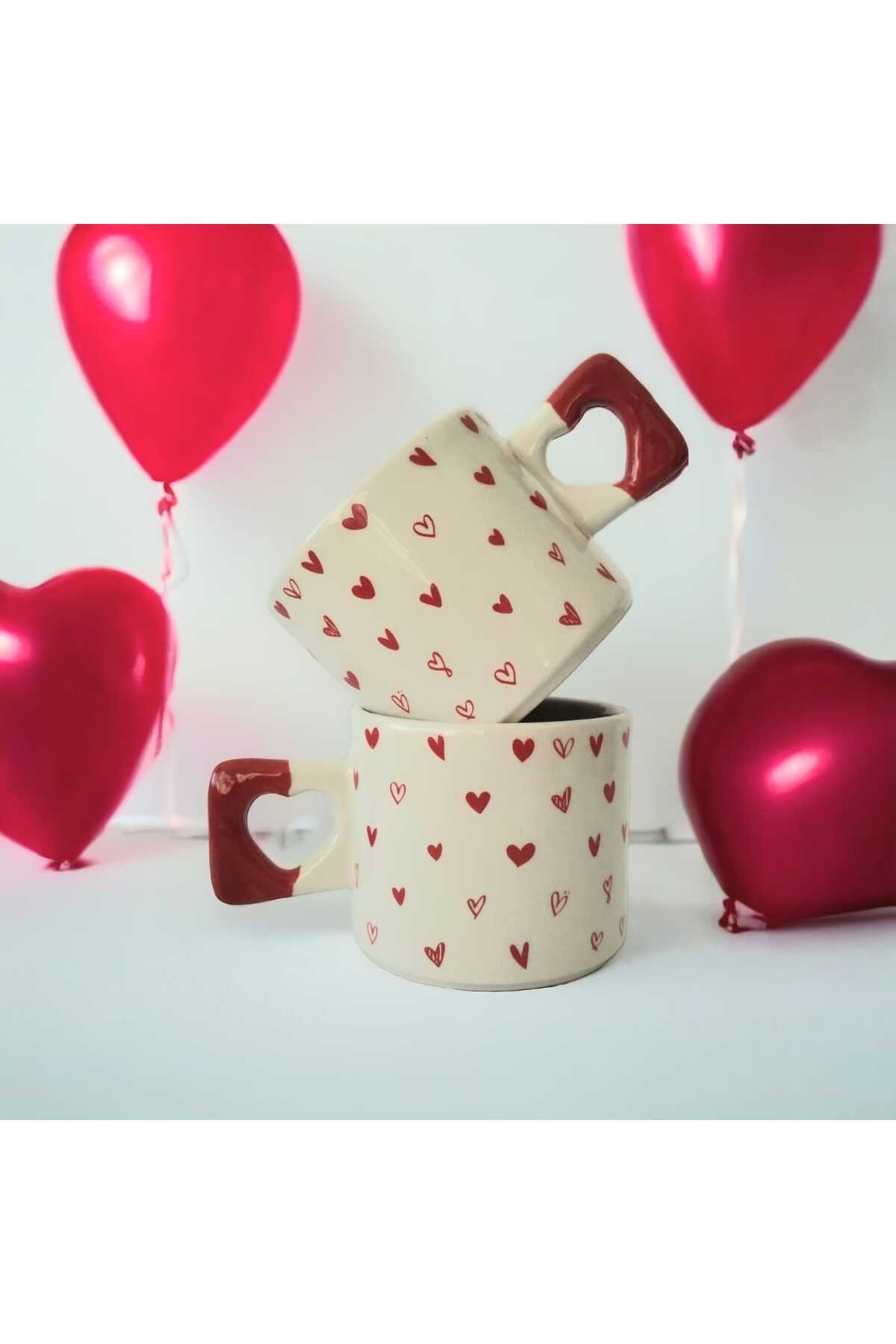ikiseramik 2li Kırmızı Minik Kalpler Çizimli El Yapımı Doğal Seramik Kalp Kupa Bardak / Mug - Çay&Kahve Fincanı