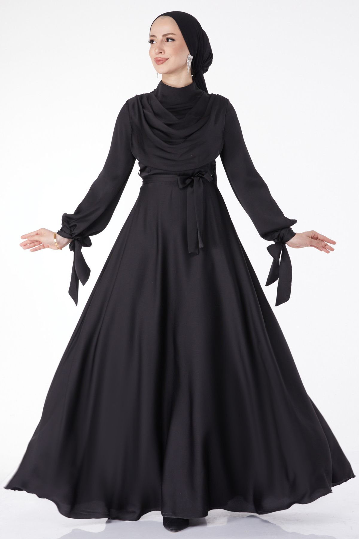 TOFİSA Düz Degaje Yaka Kadın Siyah Degaje Yaka Kuşaklı Abiye Elbise - 24883