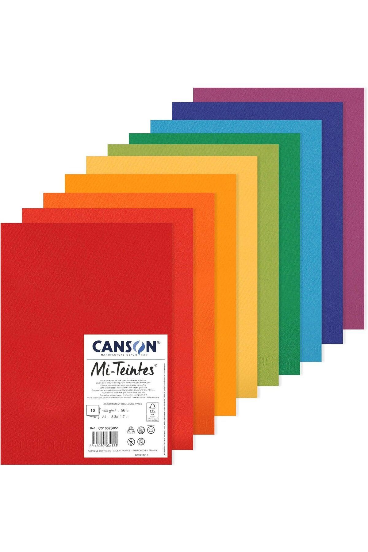 Canson Mi-Teintes 160gr A4 Renkli Çizim Kağıt Çift Taraflı Petek ve İnce Taneli 10 Canlı Renkler