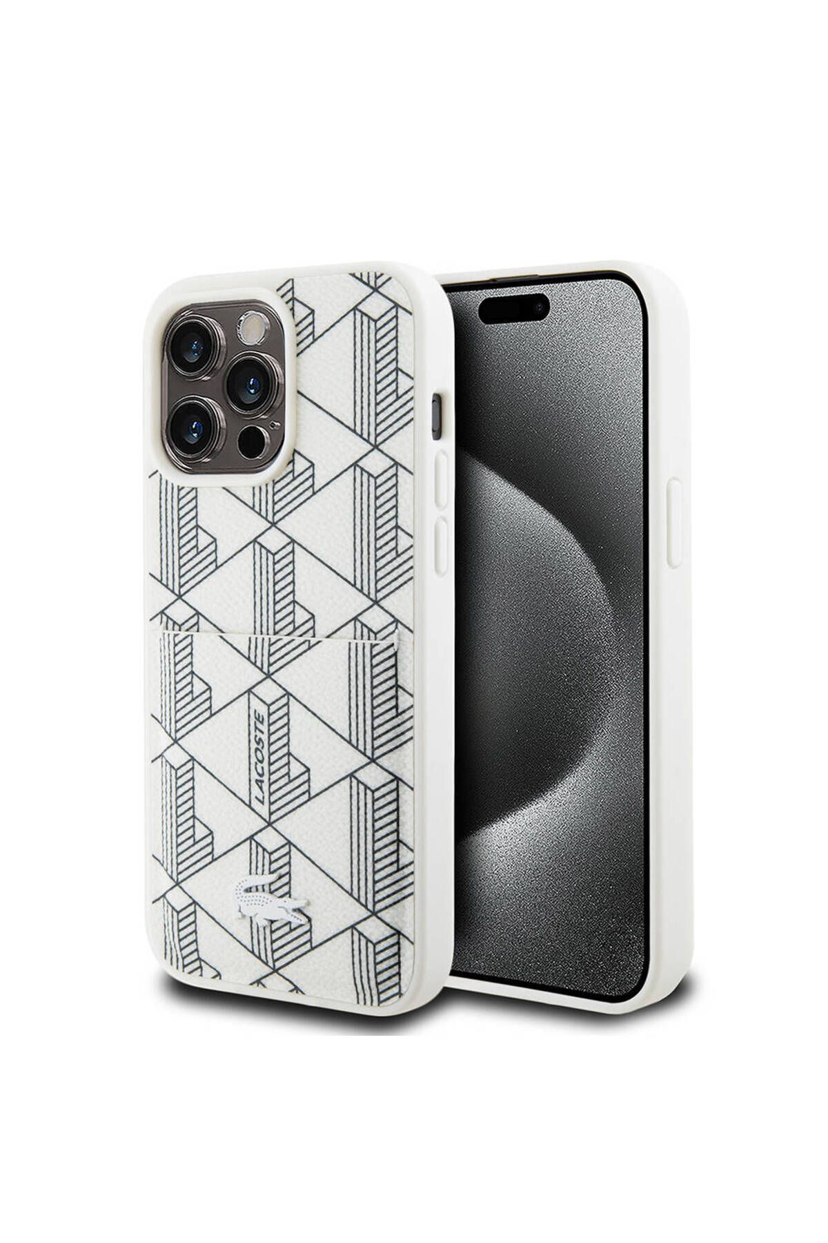 Lacoste iPhone 15 Pro Kılıf Lacoste Lisanslı Magsafe Şarj Özellikli PU Deri Görünümlü Kartlıklı Kapak Beyaz