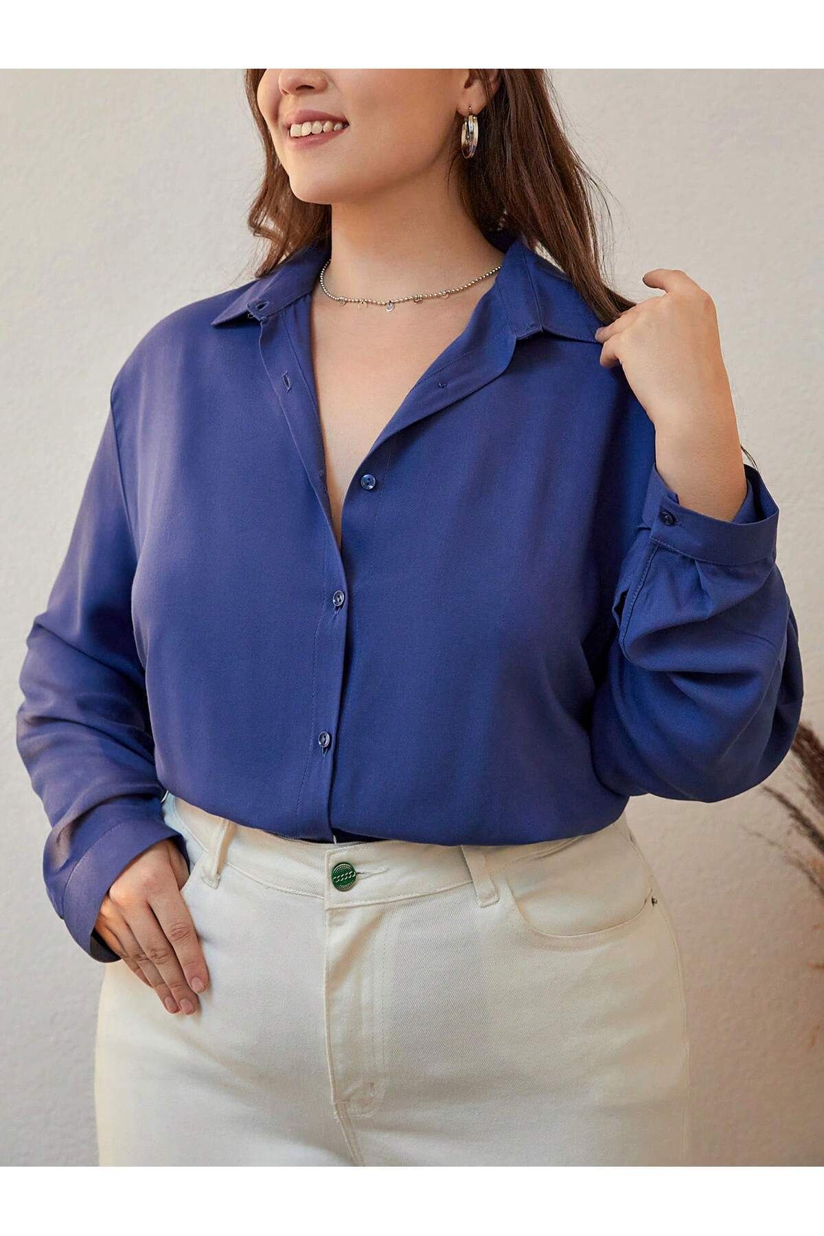 POLO BONETTA Kadın Indigo Mavi Büyük Beden Basic Geniş Kalıp Dokuma Viskon Kumaş Gömlek Bluz