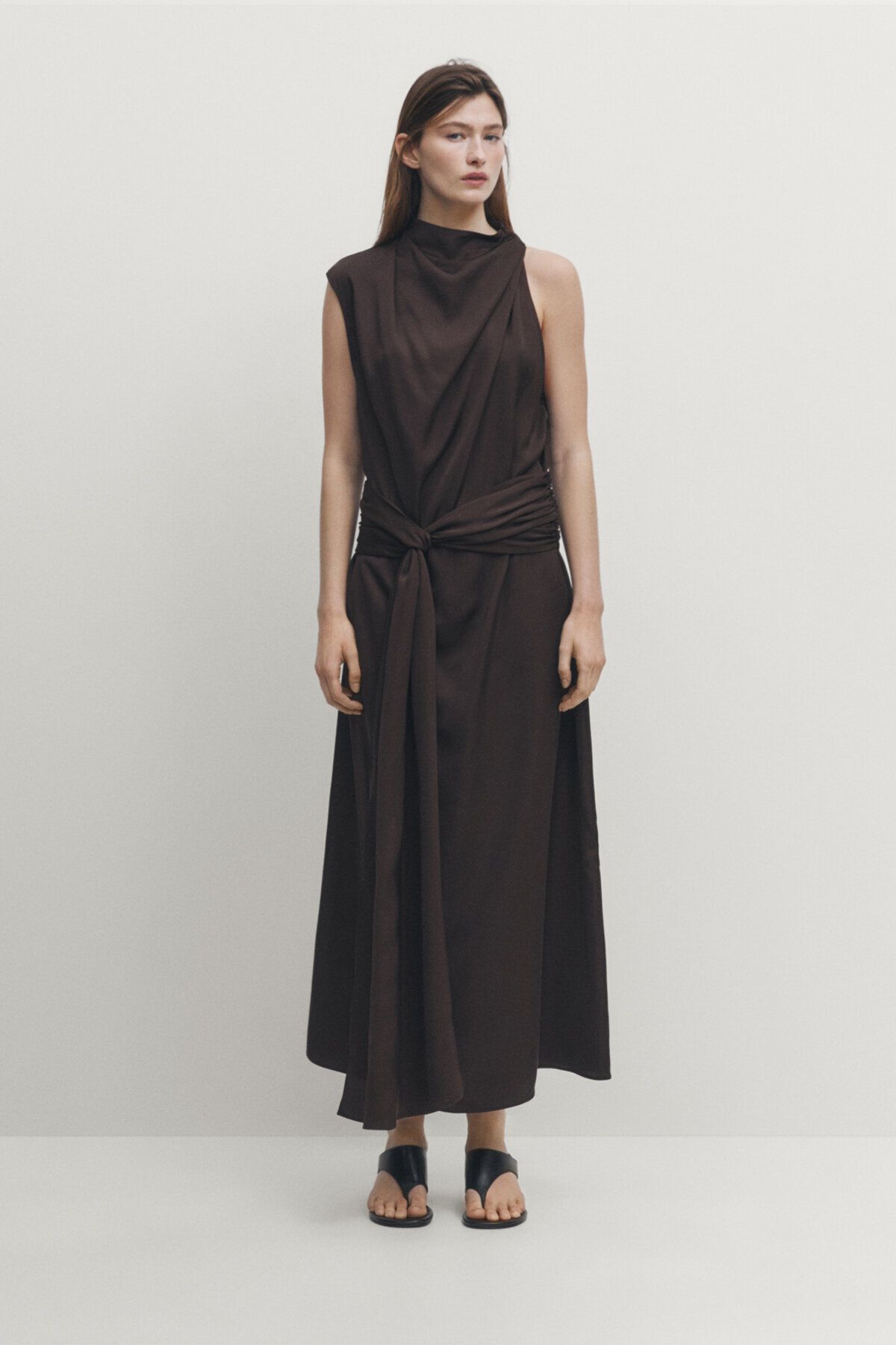 Massimo Dutti Bağcıklı asimetrik saten elbise