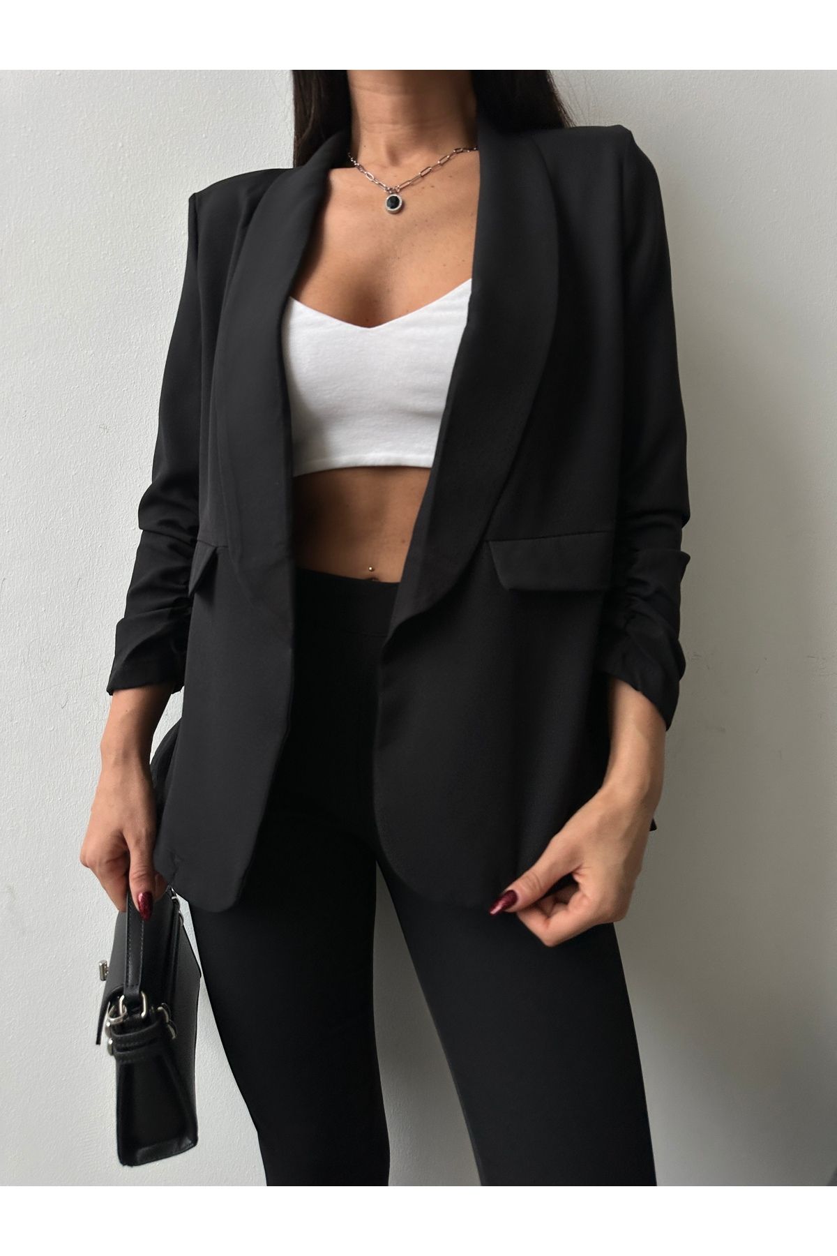 Female Clothing Siyah Astarsız Kolu Lastikli Blazer Ceket Boru Paça Pantolon Takım