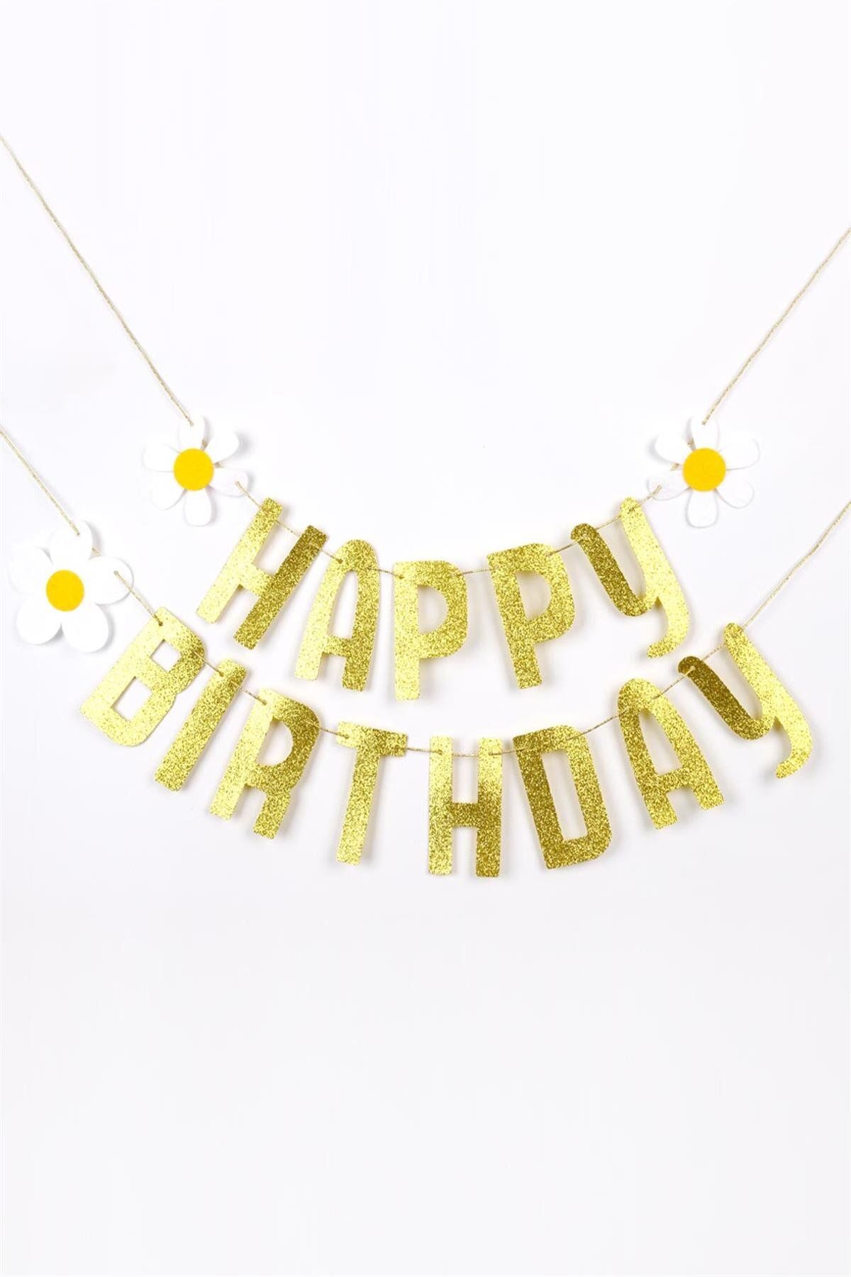 Le Mabelle Gold Simli Papatyalı Happy Birthday Banner