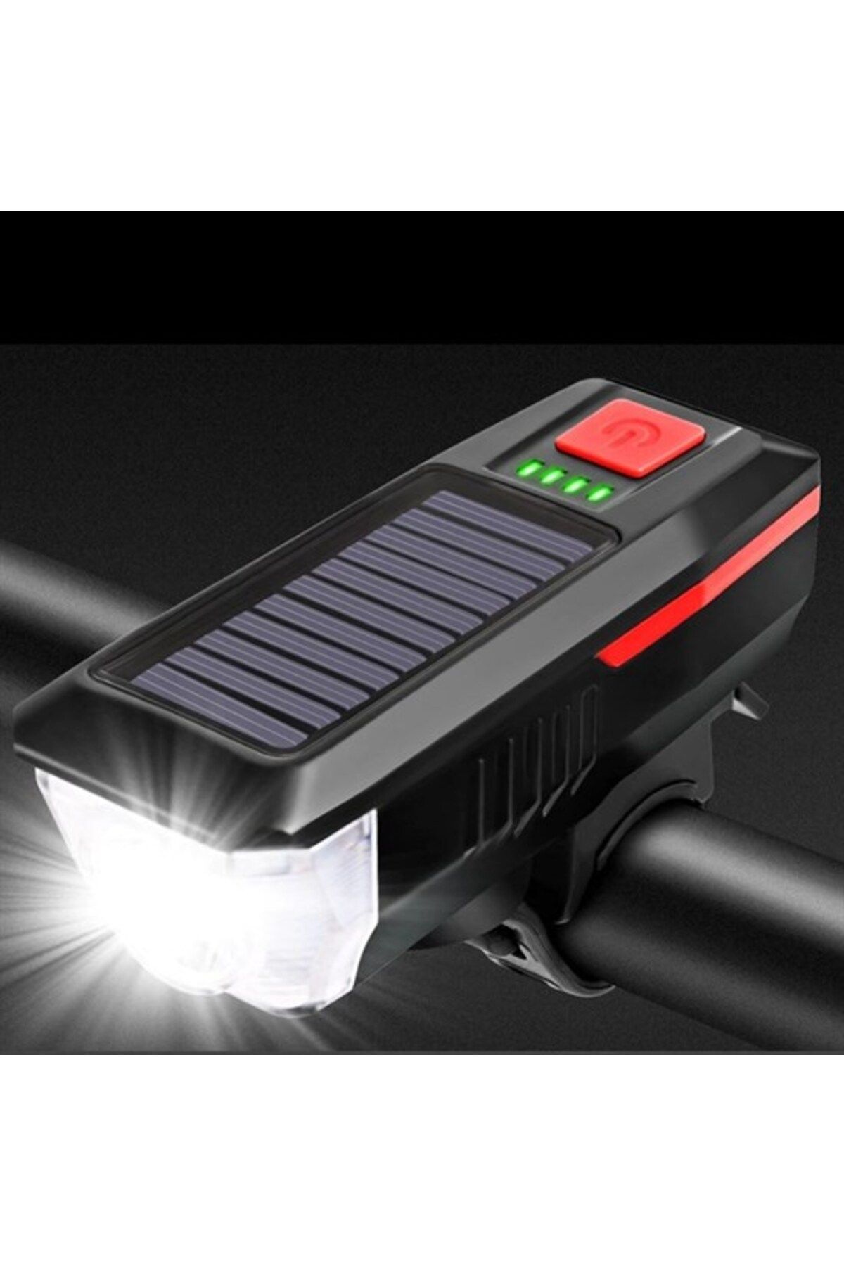 BOL ÇEŞİT BURADA Solar Enerjili USB ile Şarj Edilebilir Ledli Bisiklet Feneri Kornalı ve Su Geçirmez Far (K0)
