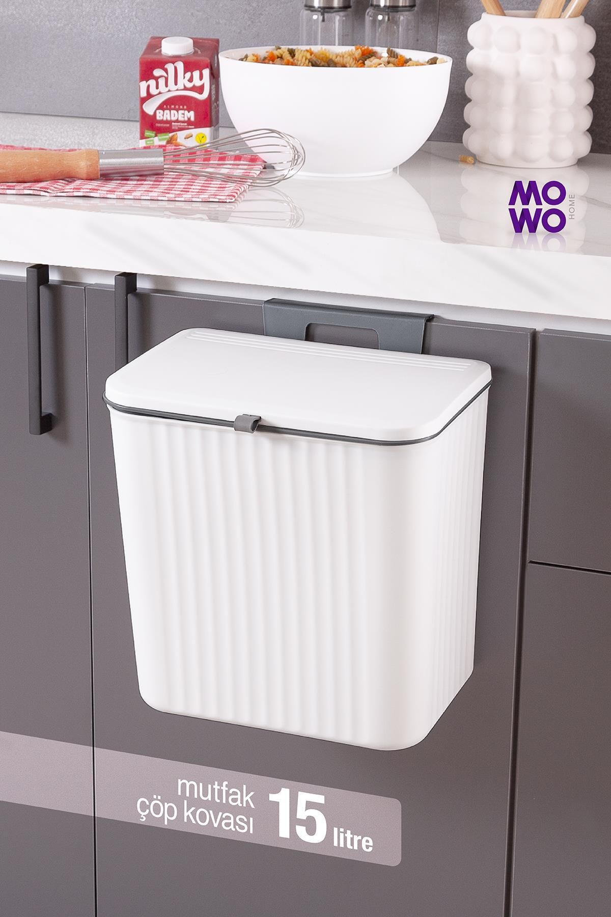 Mowo Home 15 Litre Beyaz, Fonksiyonel Kapaklı Askılı veya Tezgah üstü Mutfak Çöp Kovası -Banyo Çöp Kutusu