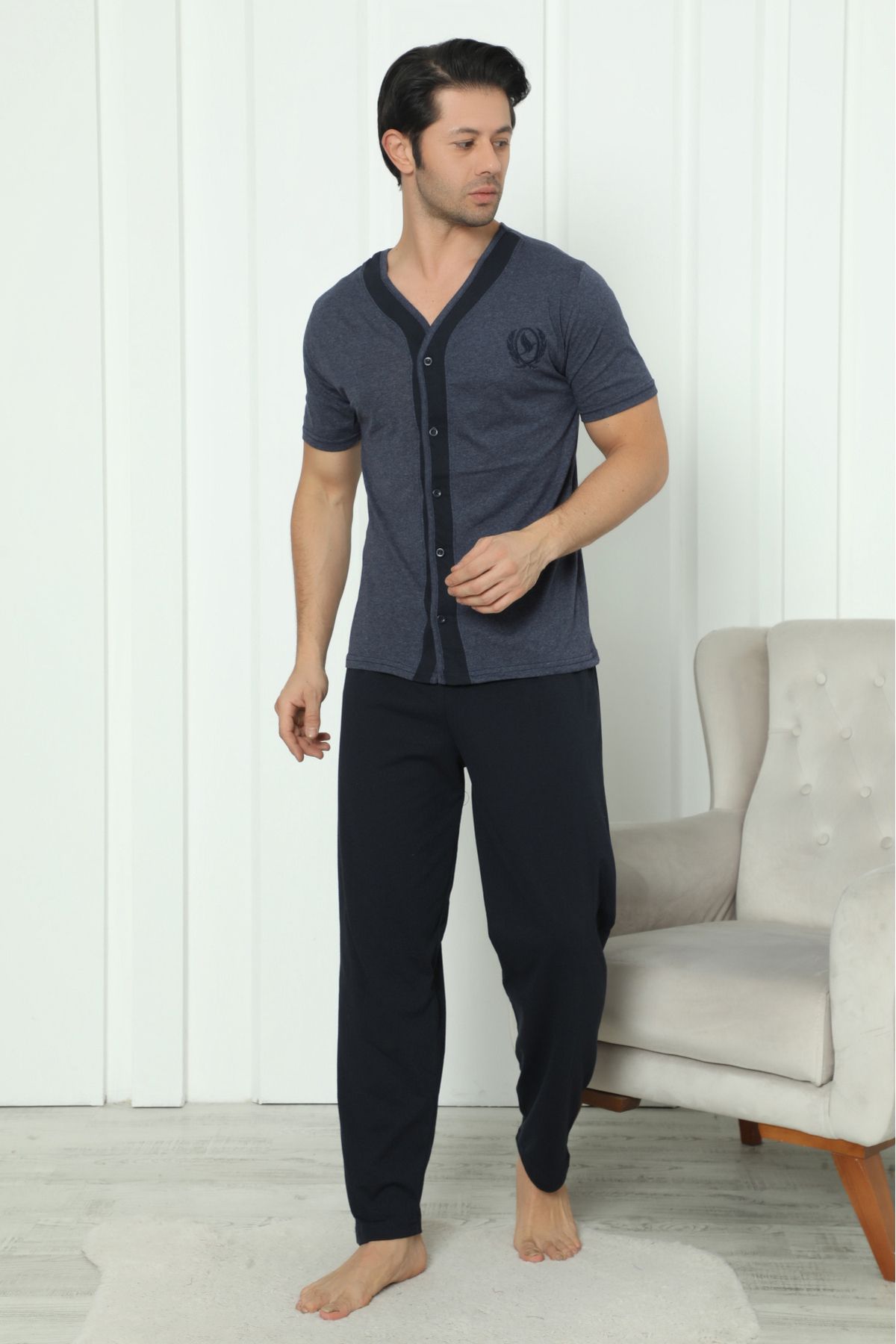 Wordex Flk 8180 Pamuklu Penye Erkek Düğmeli Kısa Kollu Pijama Takımı