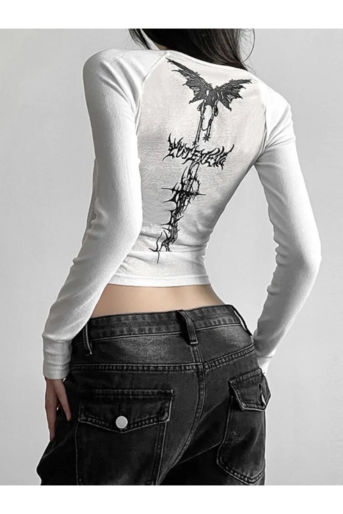 Köstebek Grunge Harajuku Dragon Slayer Uzun Kollu Crop Sweatshirt