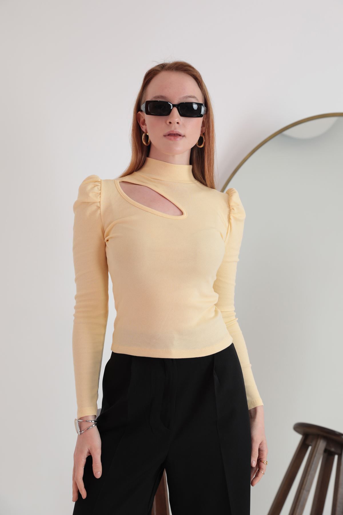 Genel Markalar Kaşkorse Kumaş Karpuz Kol Pencereli Kadın Bluz-Sarı