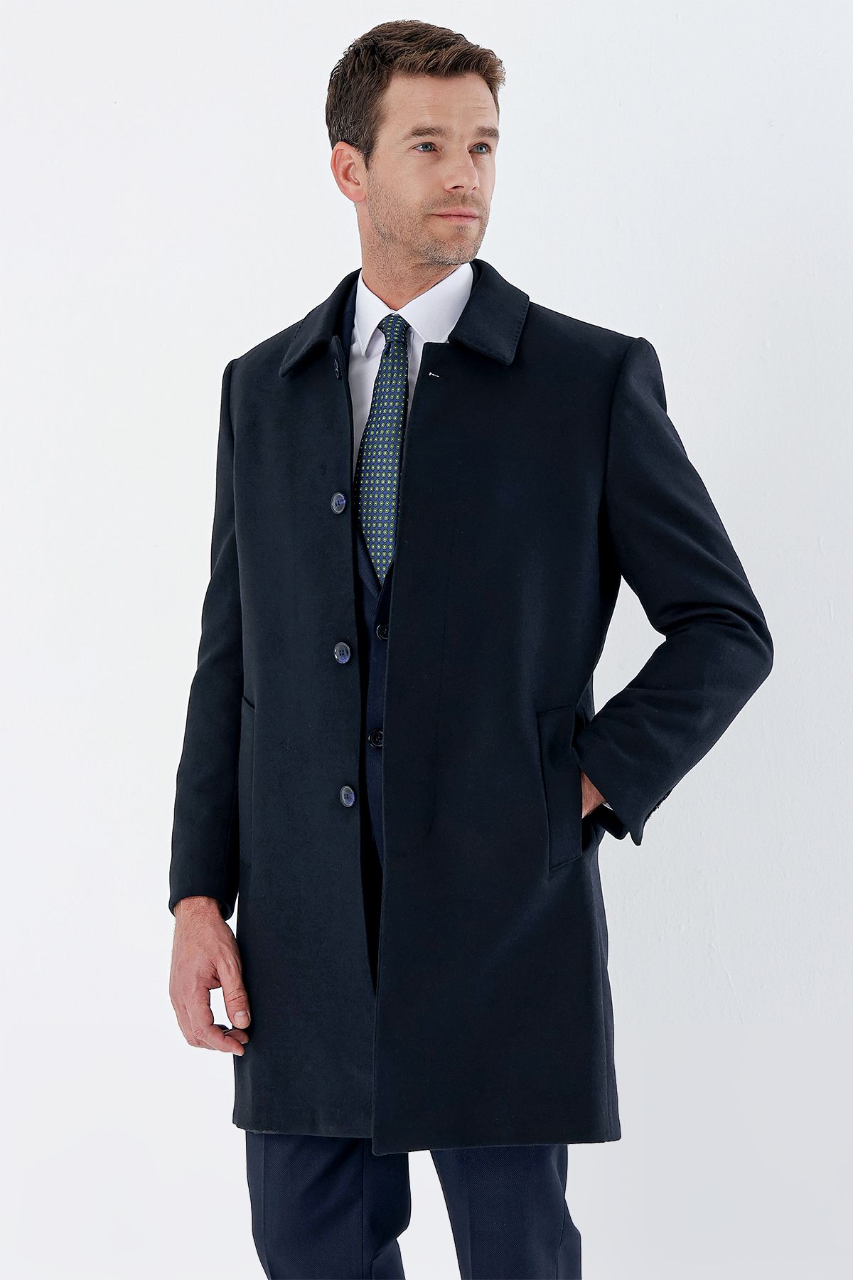 İmza Koyu Lacivert Kaşe Berberi Yaka Yırtmaçlı Kapitoneli Astar Comfort Fit Rahat Kesim Klasik Palto 1005