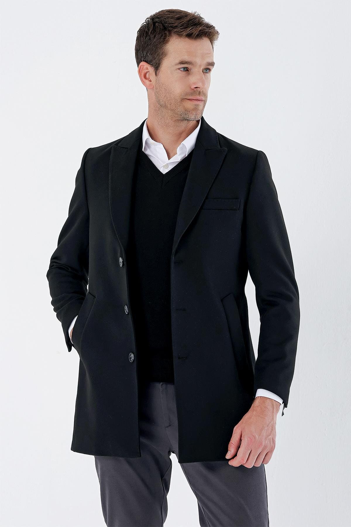 İmza Siyah Kaşe Kırlangıç Yaka Yırtmaçlı Comfort Fit Rahat Kesim Klasik Palto 1005235257