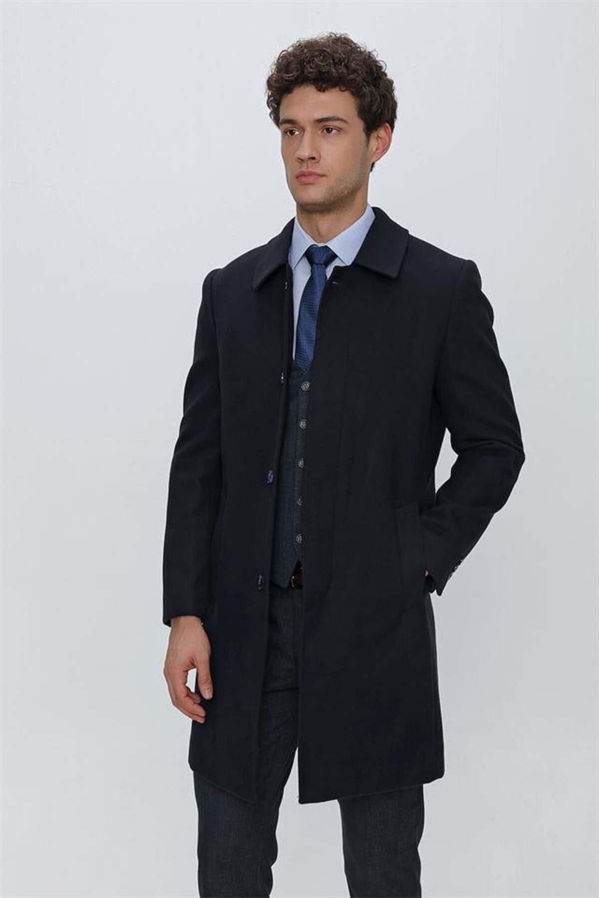 İmza Koyu Lacivert Kaşe Berberi Yaka Yırtmaçlı Astarlı Comfort Fit Rahat Kesim Klasik Palto 1005225156