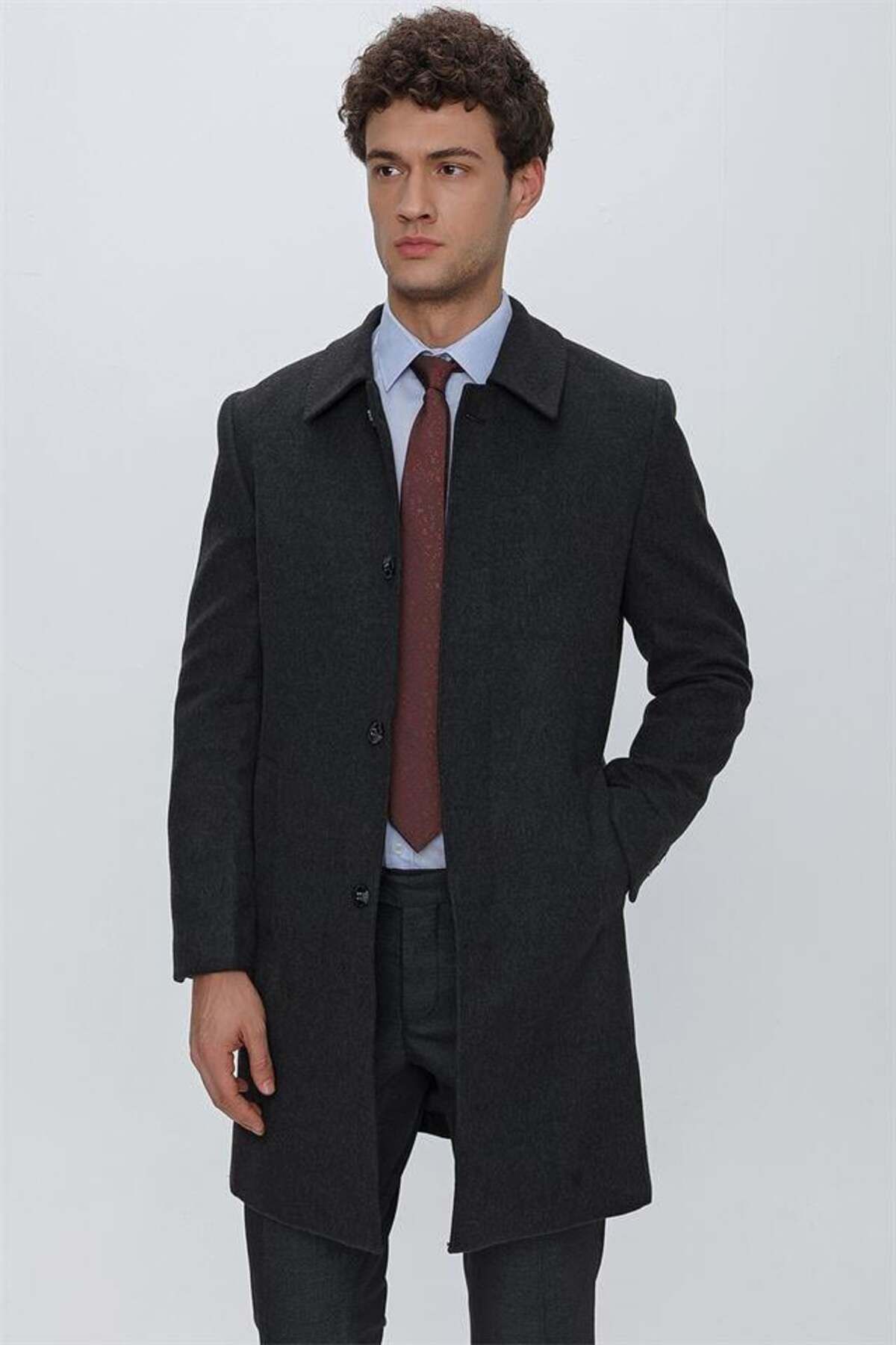 İmza Koyu Antrasit Kaşe Berberi Yaka Yırtmaçlı Astarlı Comfort Fit Rahat Kesim Klasik Palto 1005225156