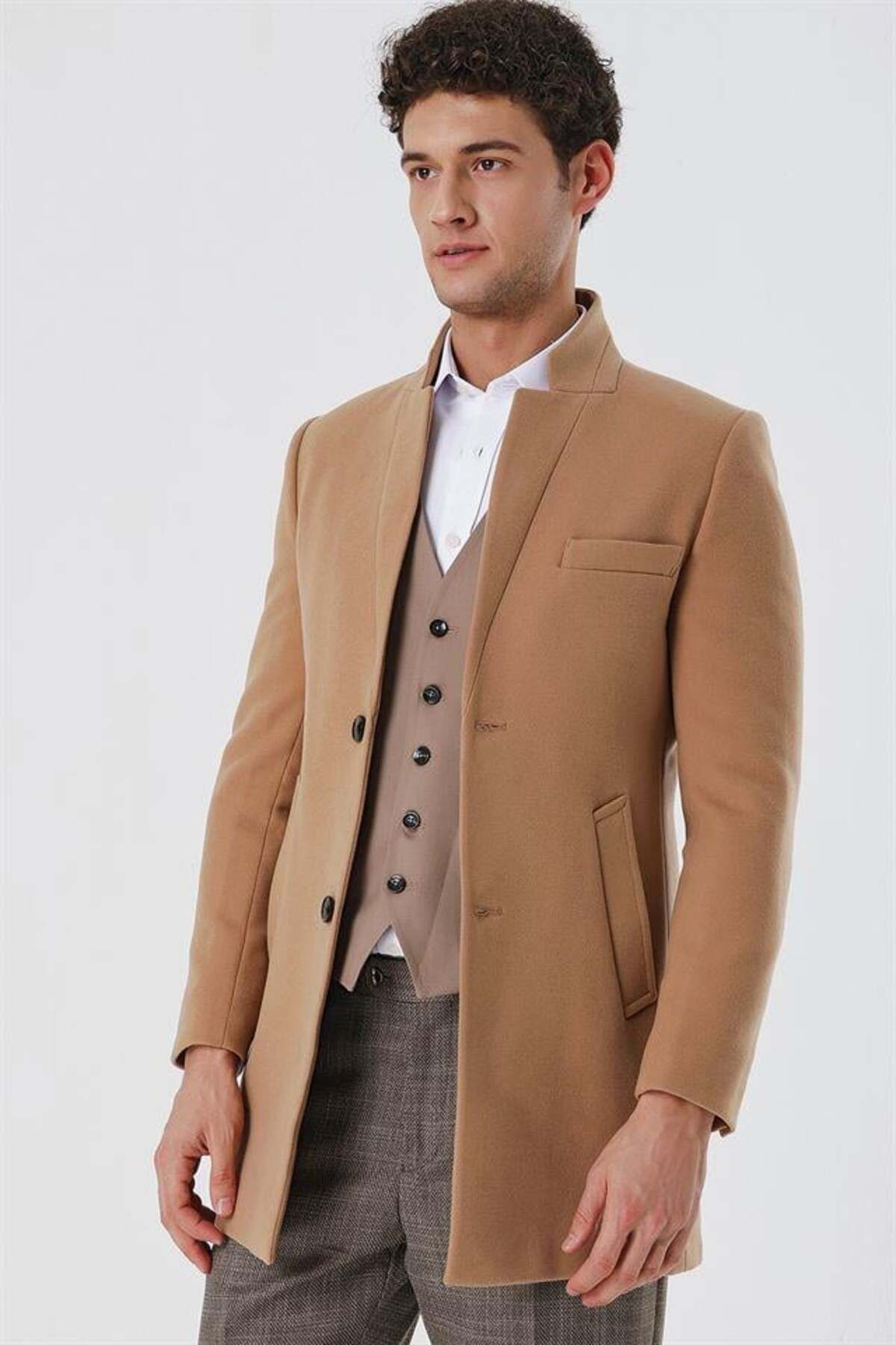 İmza Camel Kaşe Hakim Yaka Kapitoneli Astar Slim Fit Dar Kesim Klasik Kaban 1008225171