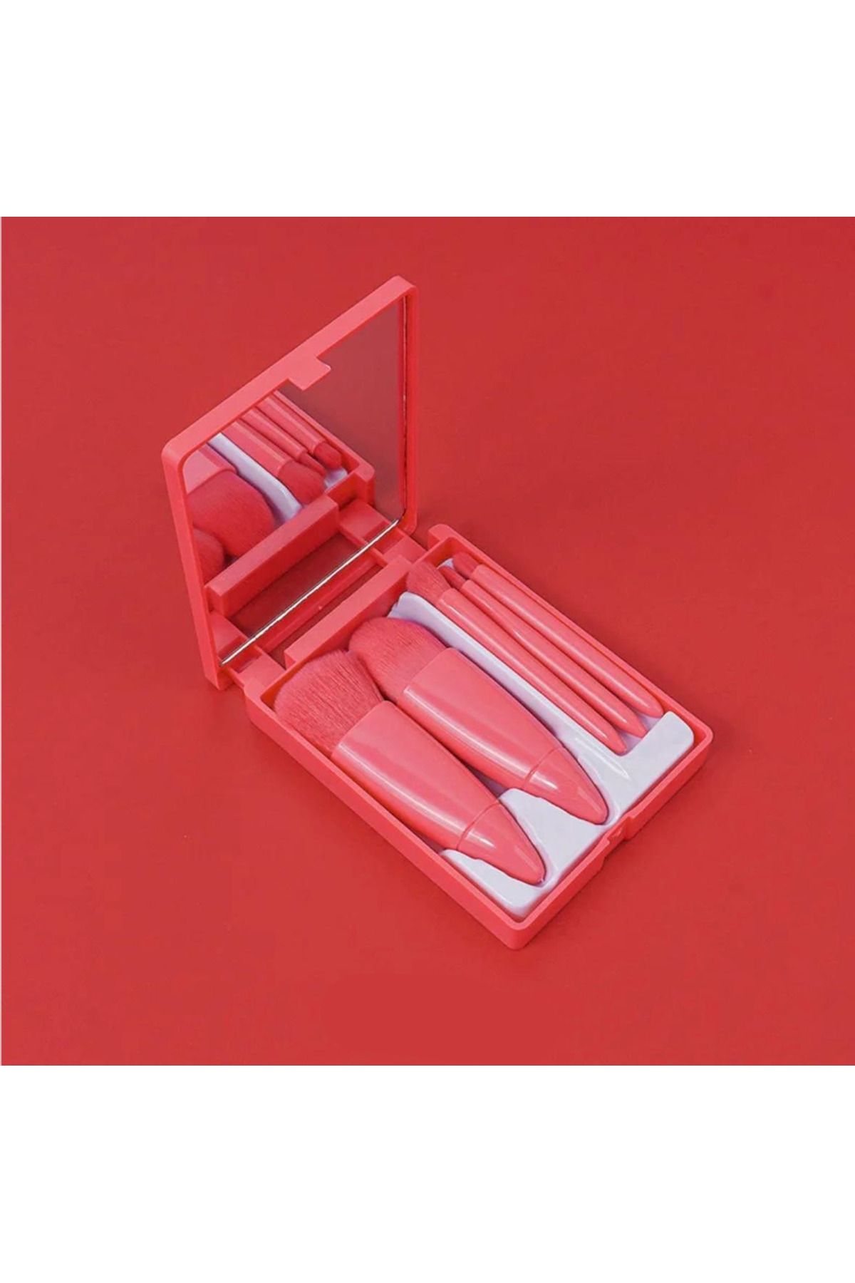 ROWENAROSE Profesyonel Taşınabilir Aynalı Makyaj Fırça Seti 5'Li Kırmızı