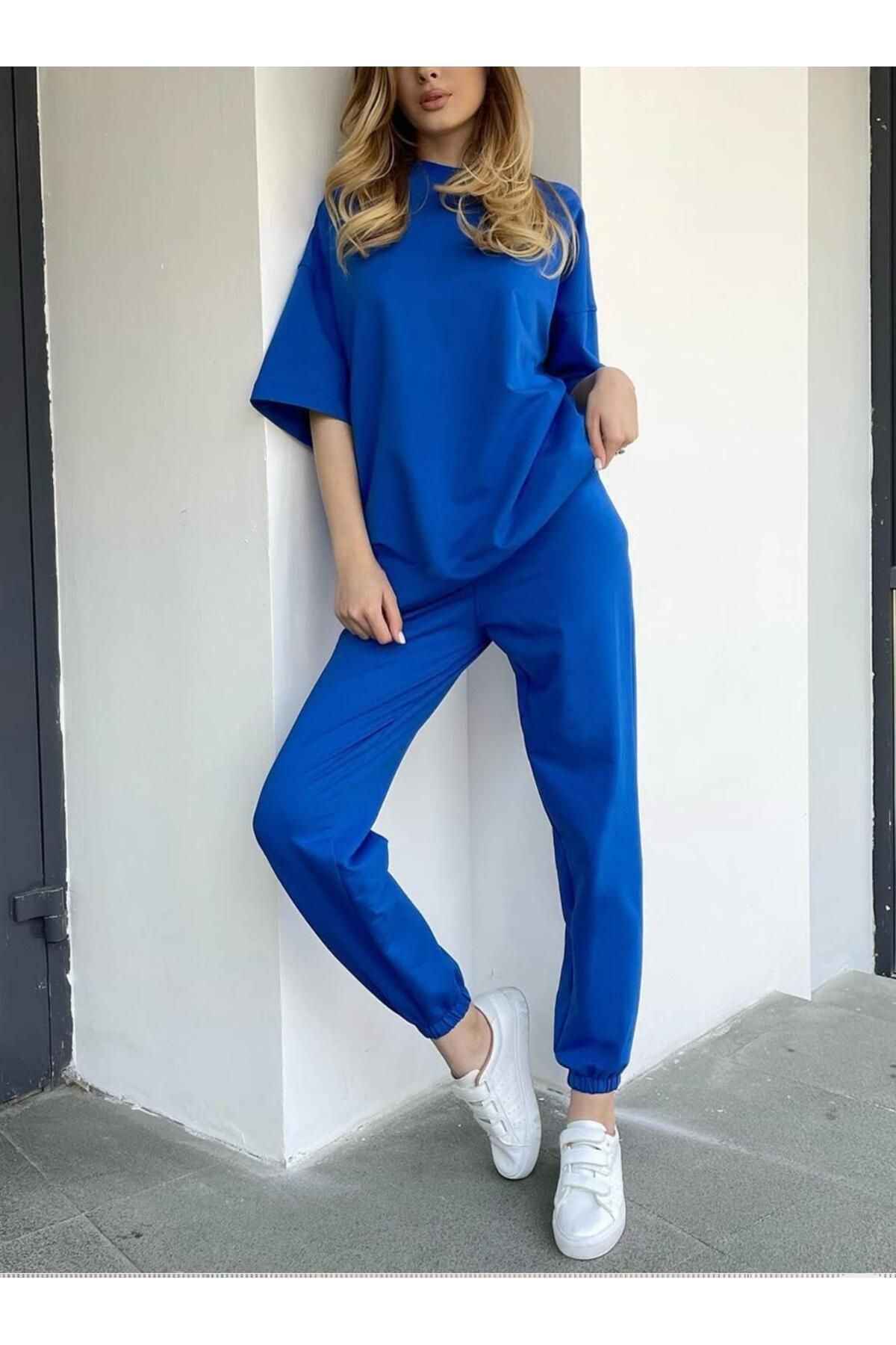 trendgar duz mavi kadın  eşofman takımı t-shirt-jogger