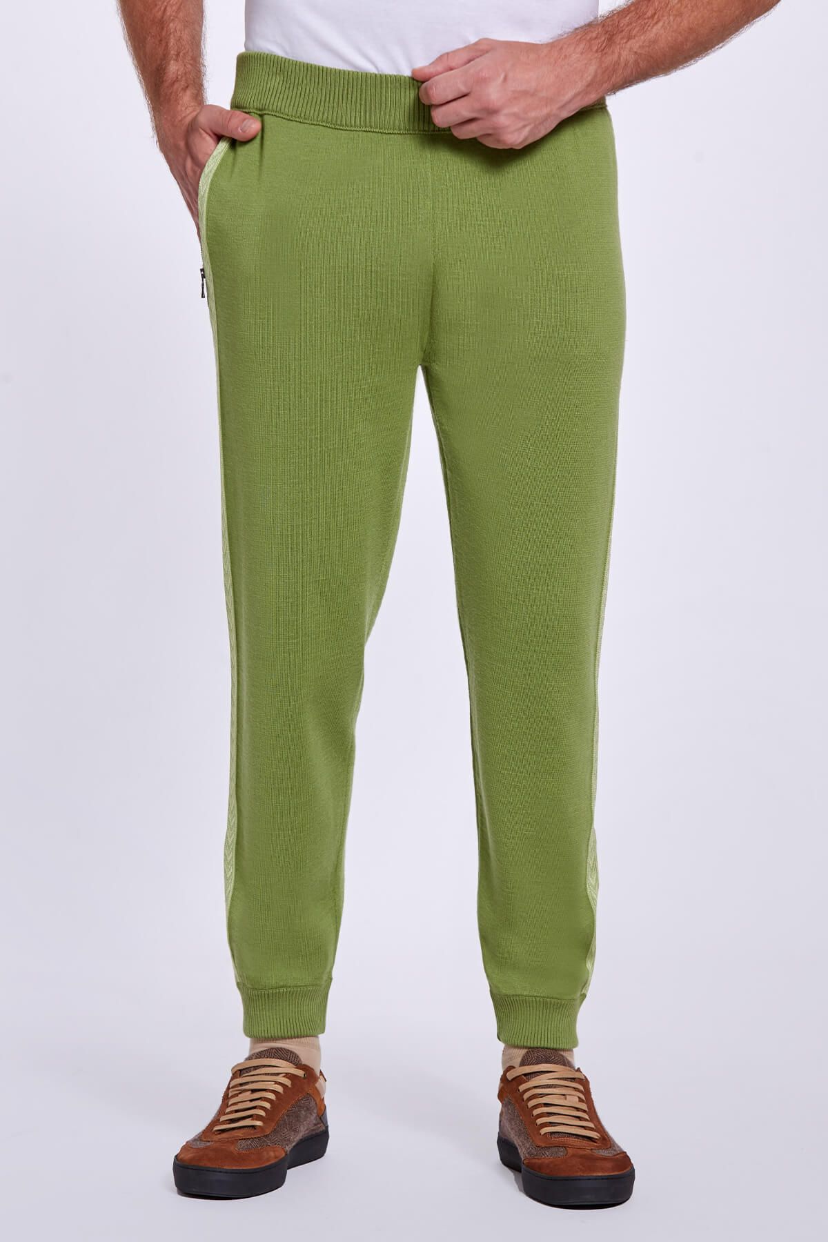 Hemington Şerit Detaylı Yeşil Merino Yün Spor Triko Pantolon