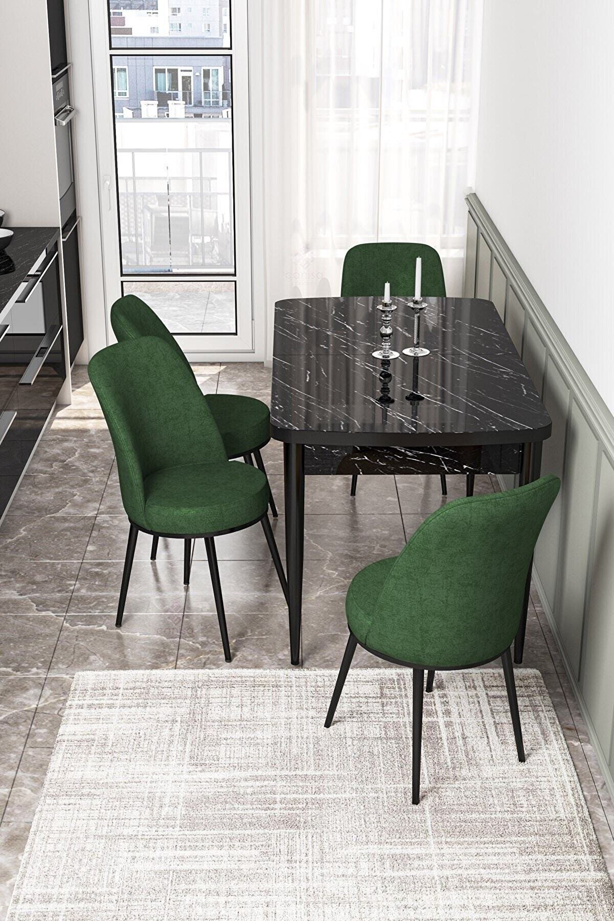 Canisa Concept Via Serisi Açılabilir Mutfak Masası Takımı / Siyah Masa 4 Adet Haki Yeşili Sandalye