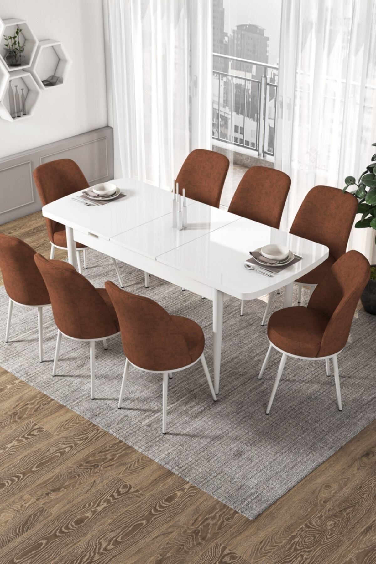 Canisa Concept Via Serisi Açılabilir Mutfak Masası Takımı-beyaz Masa+8 Adet Kiremit Sandalye
