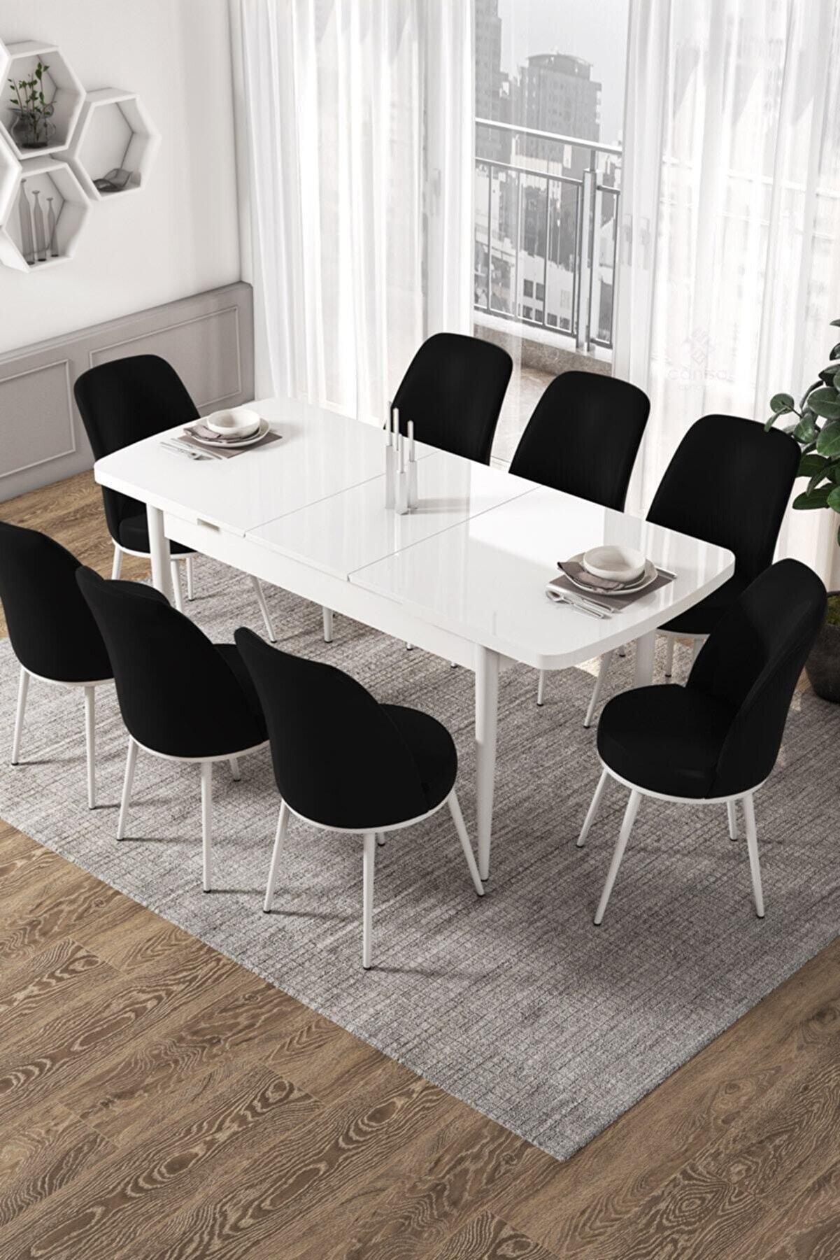 Canisa Concept Via Serisi, 80x132 Açılabilir Beyaz Açılabilir Mutfak Masası Takımı, 8 Siyah Sandalye