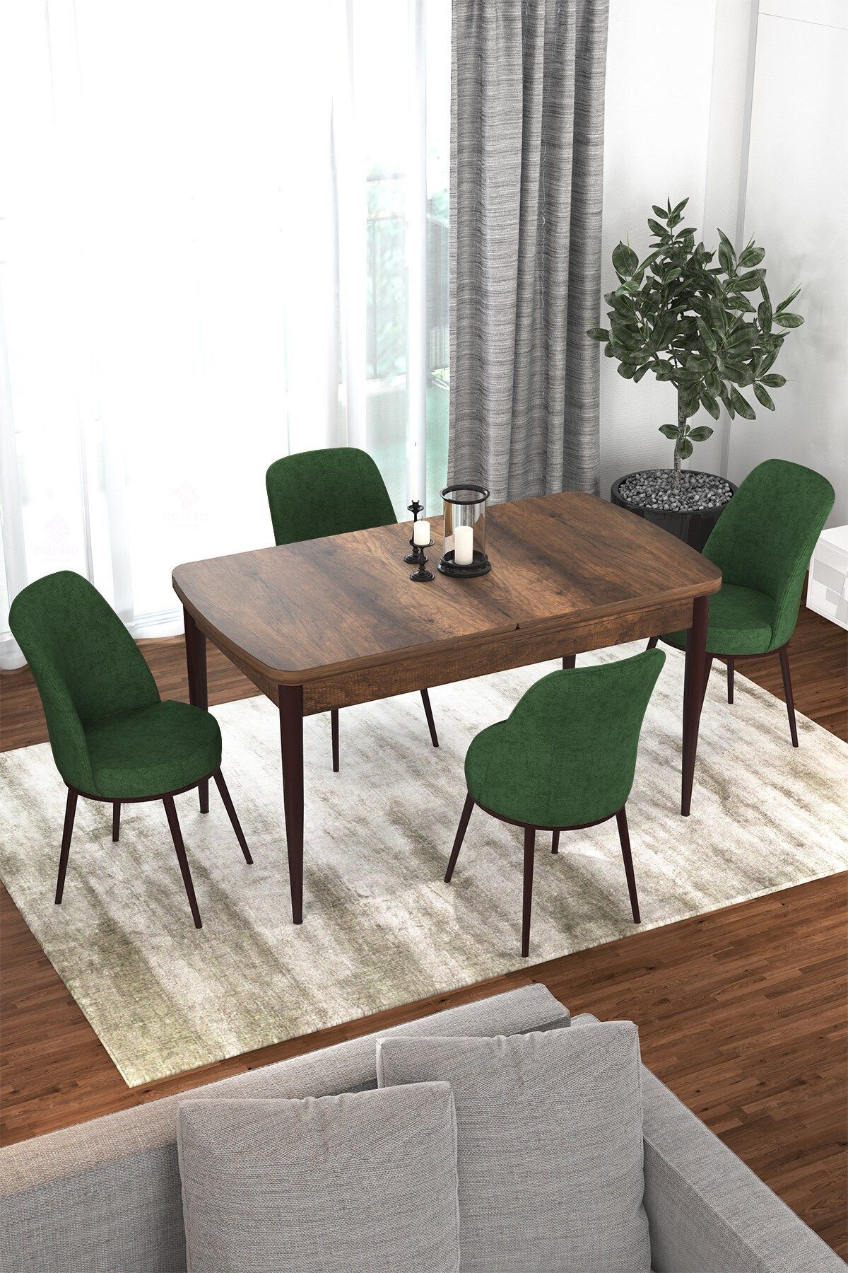 Canisa Concept Via Serisi Barok Ahşap Desen Açılabilir 80x132 Mutfak Masa Takımı, 4 Adet Yeşil Sandalye