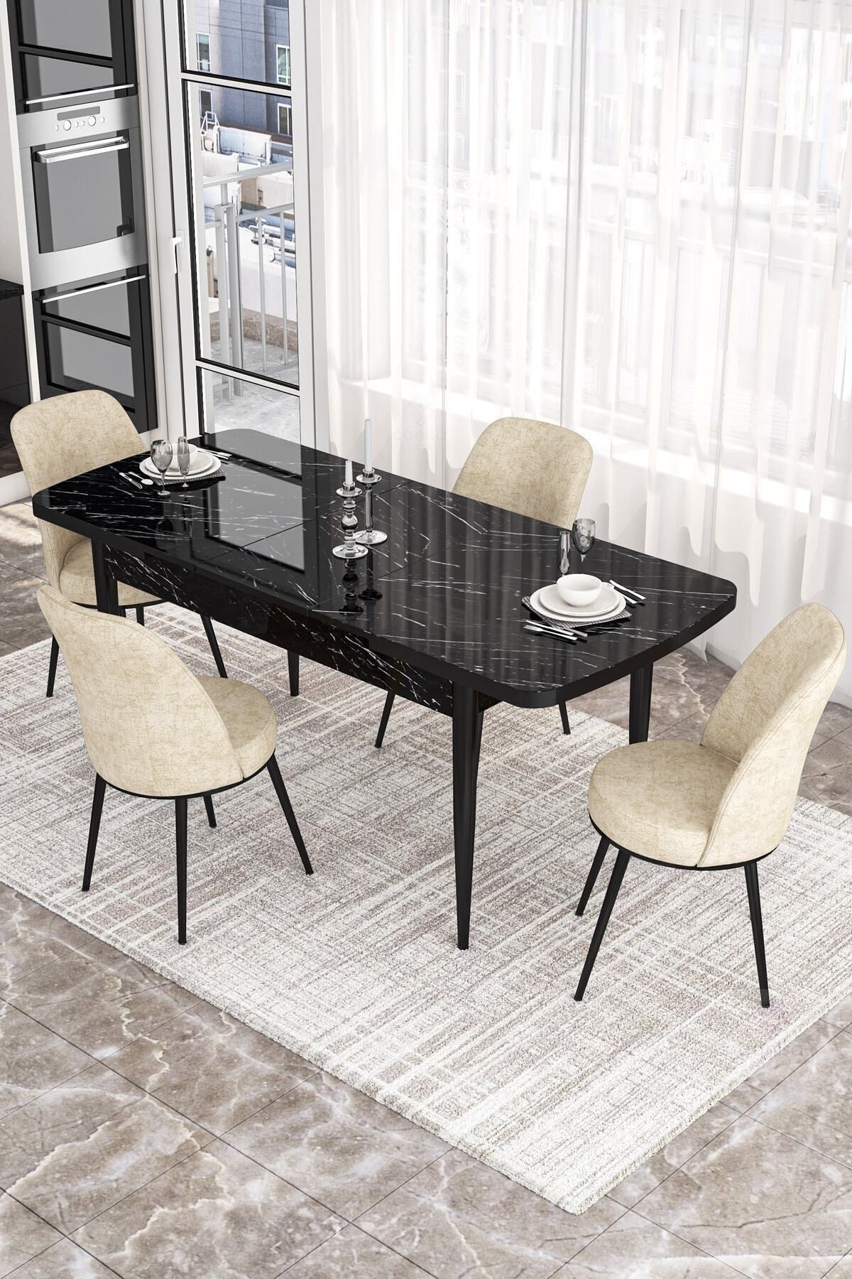 Canisa Concept Via Serisi Açılabilir Mutfak Masası Takımı / Siyah Mermer Desen Masa 4 Adet Krem Sandalye
