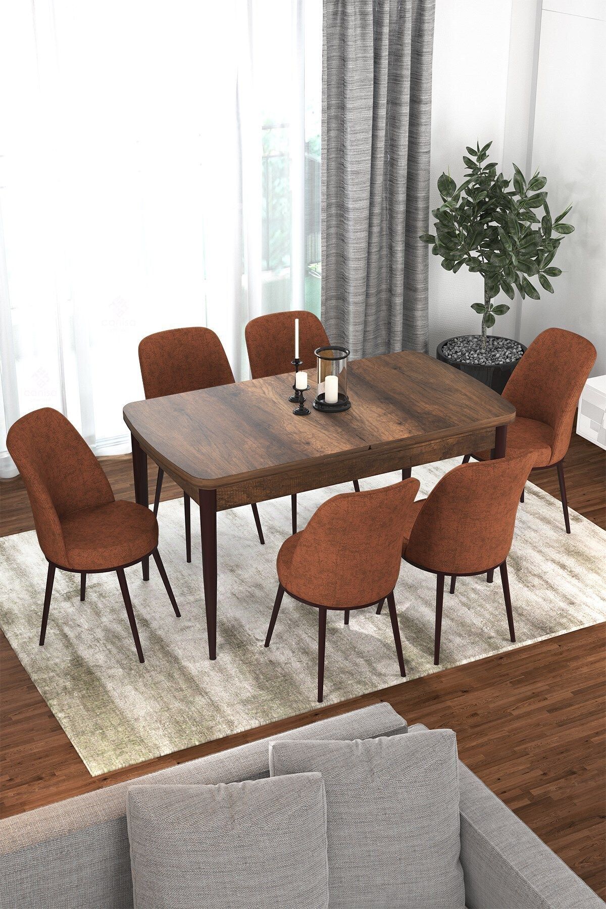 Canisa Concept Via Serisi Barok Ahşap Desen Açılabilir 80x132 Mutfak Masa Takımı, 6 Sandalye