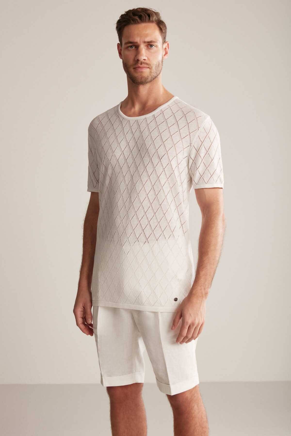 Hemington Baklava Desenli Keten Pamuk Karışım Beyaz Triko T-Shirt