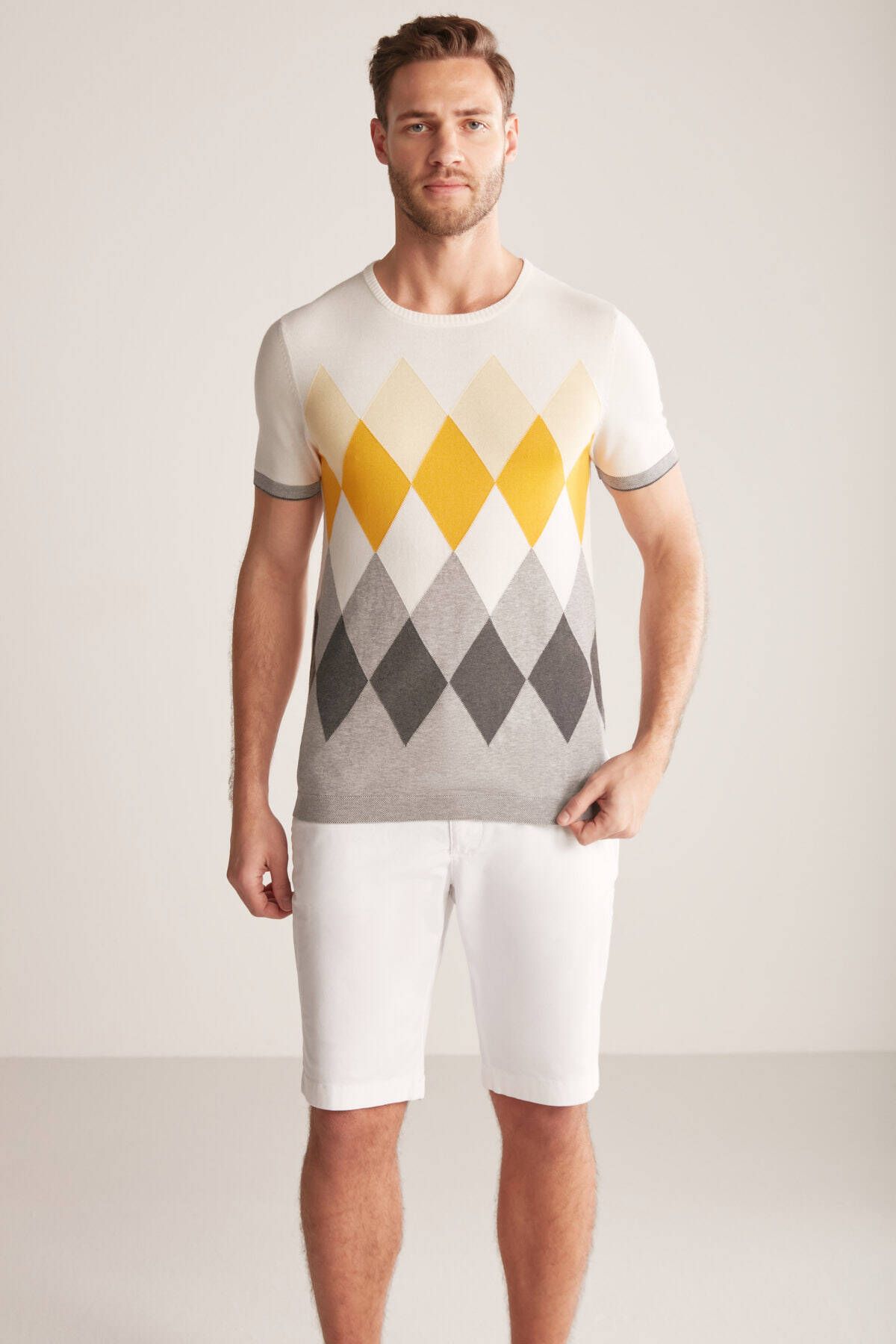 Hemington Argyle Desenli Gri-beyaz Giza Pamuk Triko T-shirt