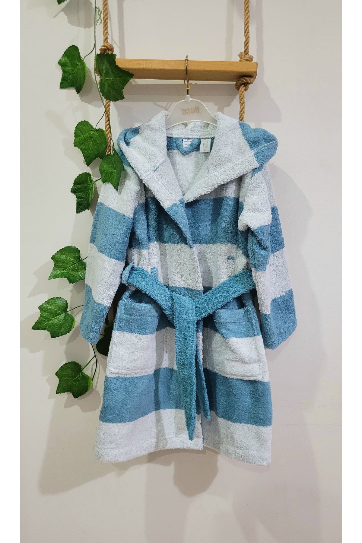 Alpar Tekstil Kapşonlu Pamuklu Yumuşacık Unisex Kız- Erkek Çocuk Bornozu Çizgili/mavi